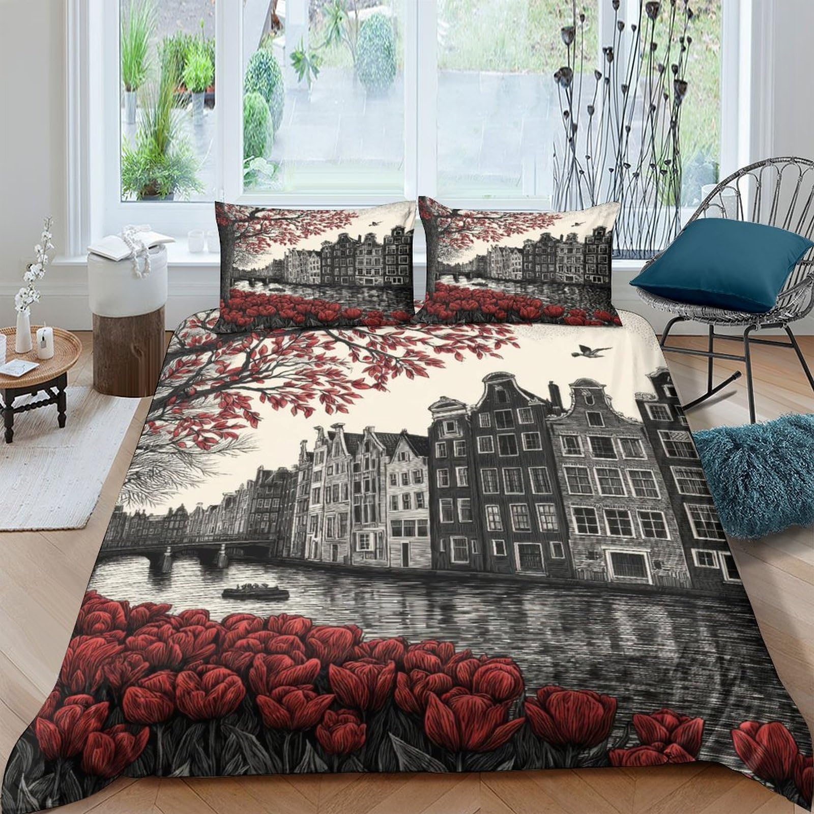 Ctjqhvkz Style-10 3D Printed Amsterdam Canal Fitted Sheet Microfiber Tulip Mattress Cover For Bedroom Guest Room Decor Machine Washable Single（135X200cm）