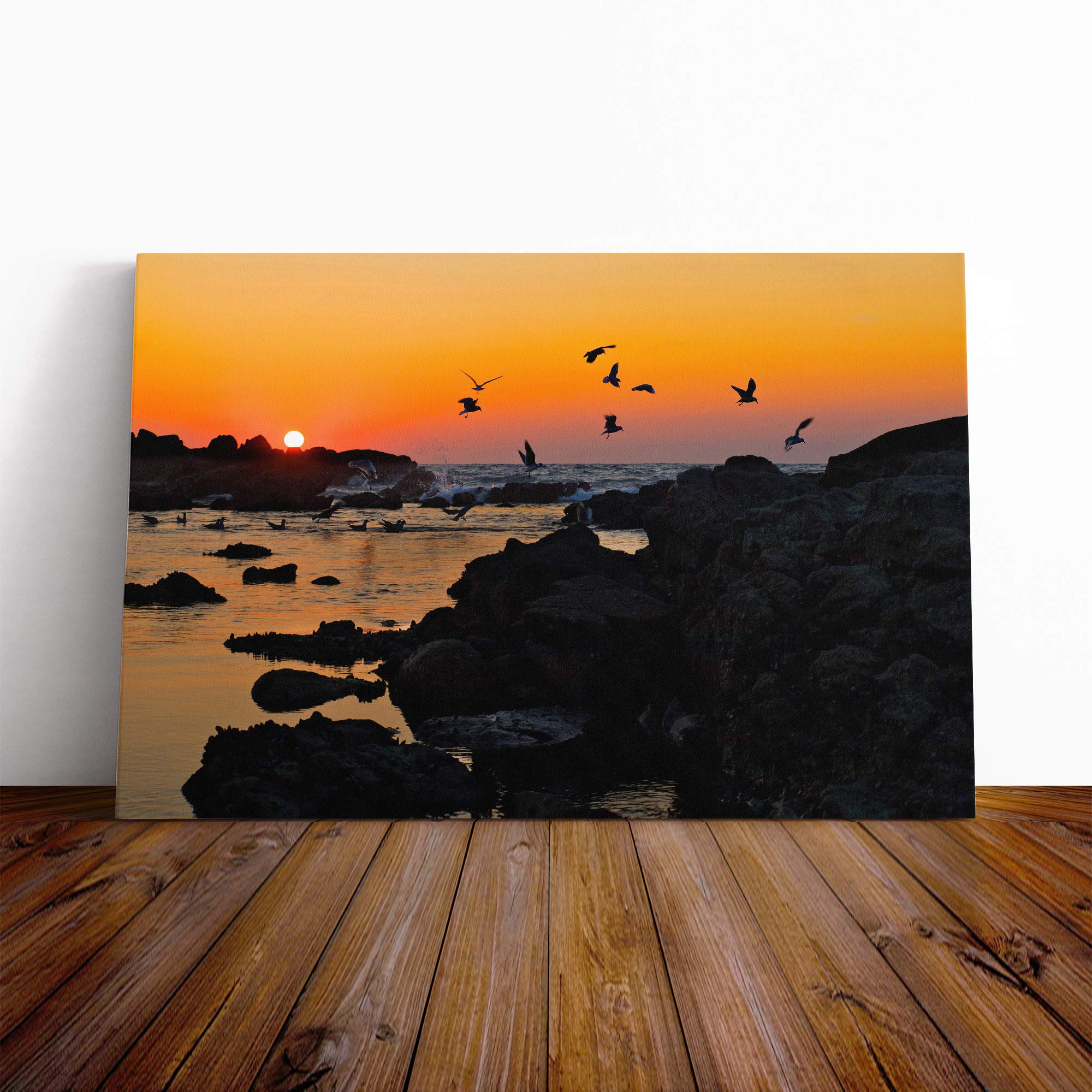 Landscape Baiona Spain Sunset and Birds Canvas Print | Gallery Wrapped 30mm Frame Wall Art | 30x20 inches | Ready to Hang | Contemporary Landscape Picture | Living Room Bedroom Lounge Office