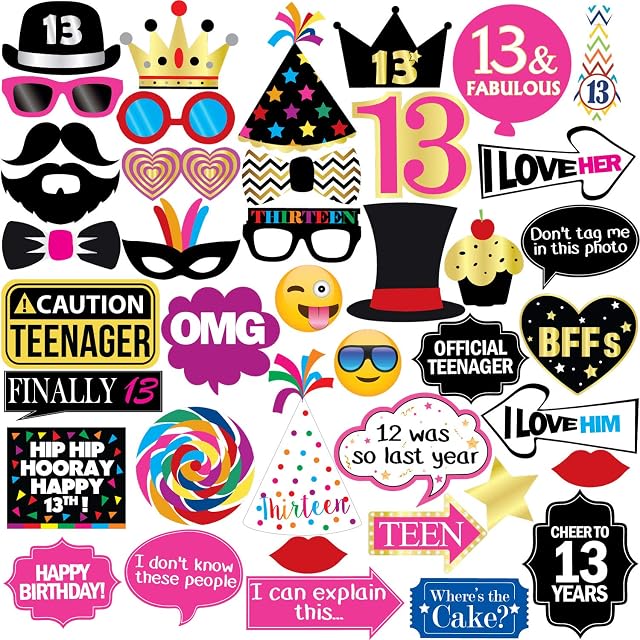 13th Birthday Photo Booth Party Props - 40 Pieces - Funny Official Teenager Birthday Party Supplies, Decorations and Favors