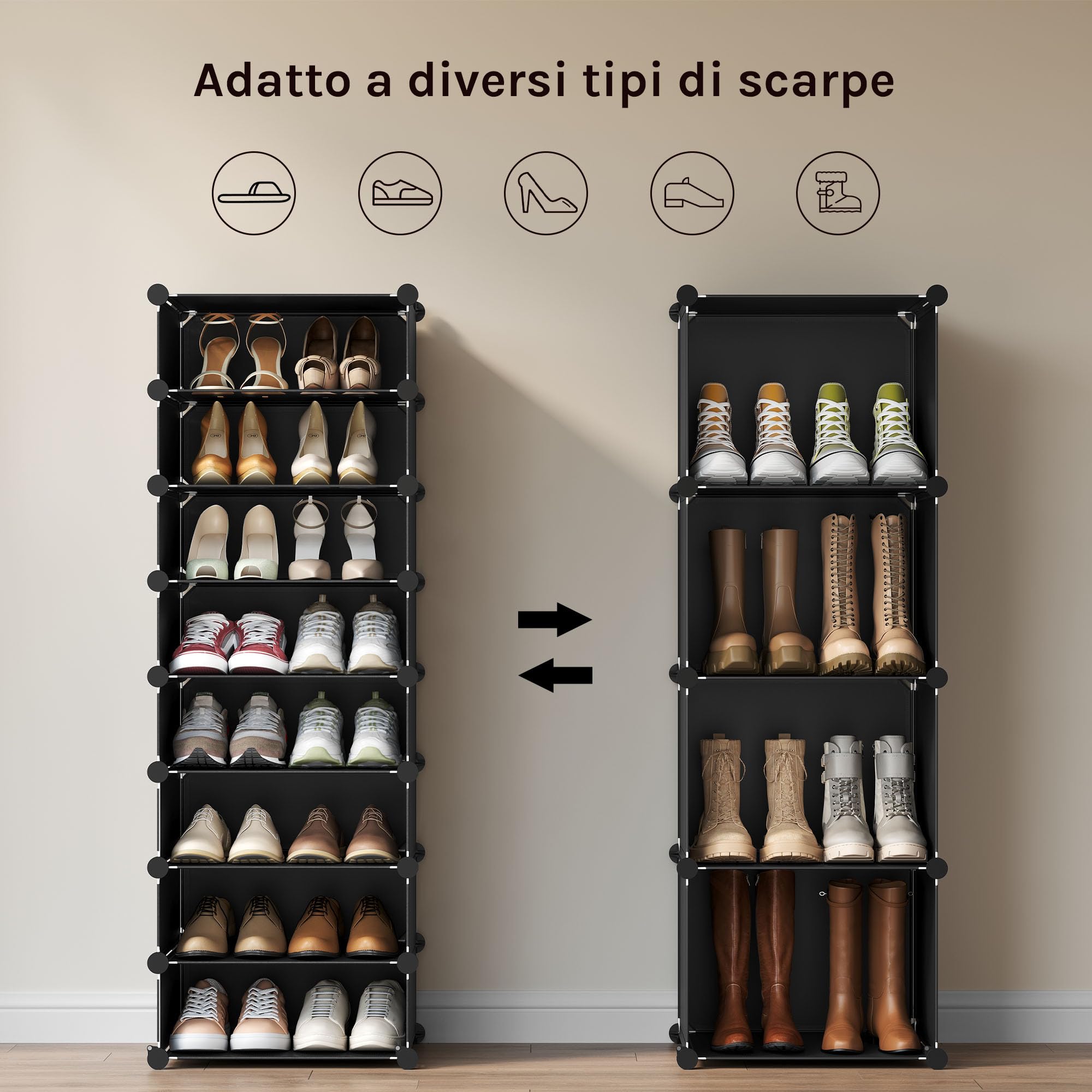 WOLTU Scarpiera, 2x8 Livelli per 32 Paia di Scarpe, Armadietto ad Incastro con Ante, Scaffale Portascarpe per Giochi, Pannelli in PP, con Mazzetta in Plastica, Nero+Bianco