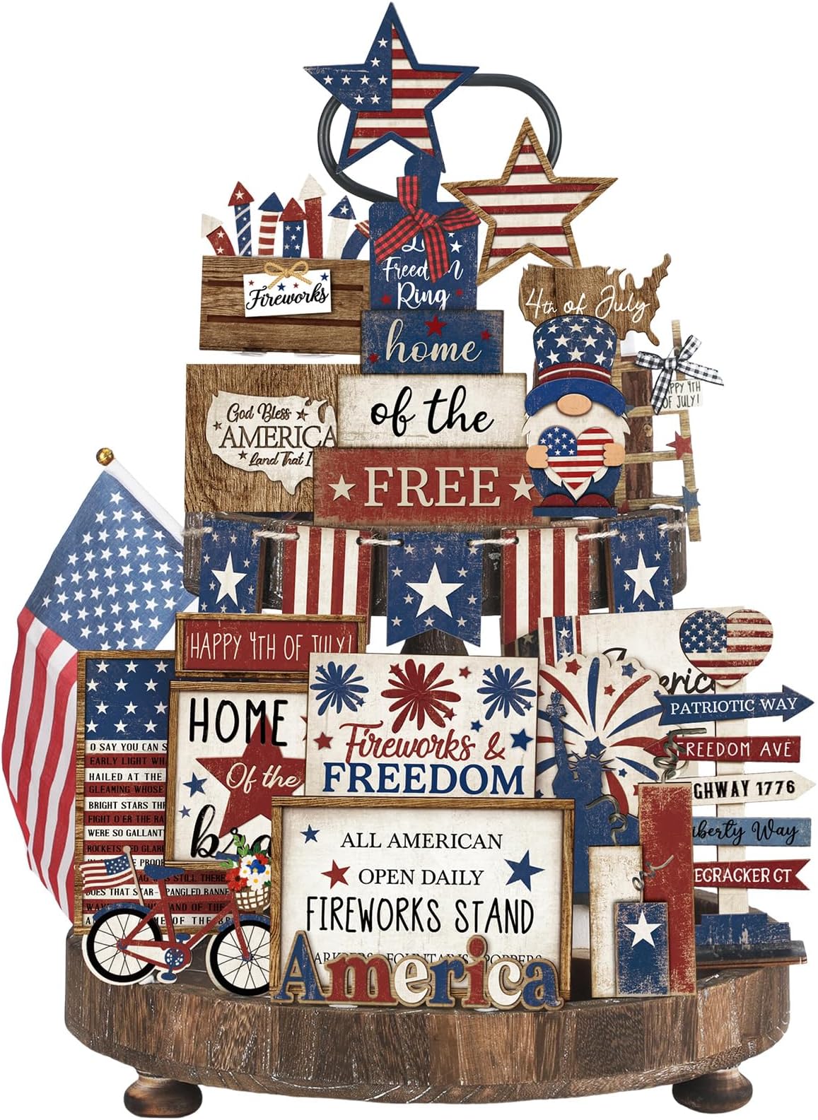 4th of July Tiered Tray Decor 7 Pieces Thick Wooden Stand Signs set for Table