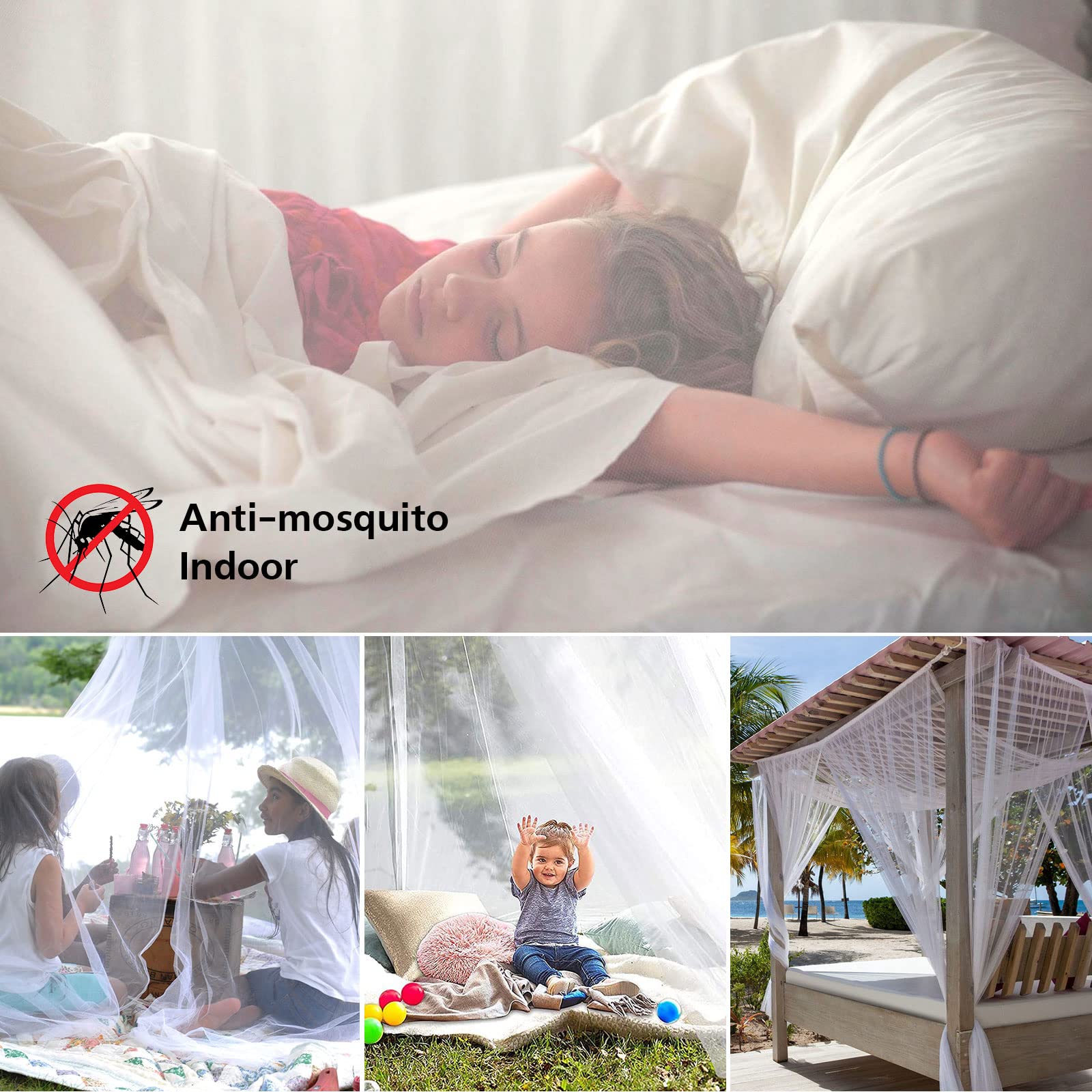 Moustiquaire de Lit à Quatre Portes, Double Carré Grand en Polyester, Baldaquin Intérieur et Extérieur - Blanc