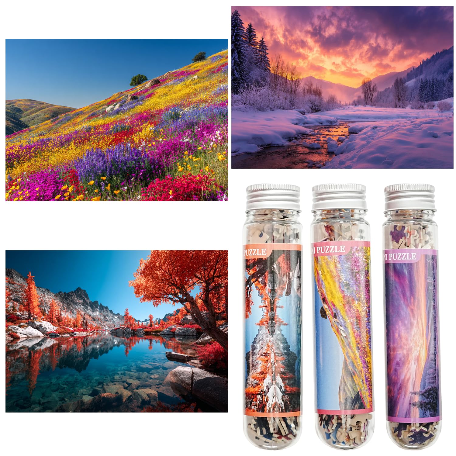 Luneko Small Jigsaw Puzzles for Adults Challenging Puzzle Small Puzzles Mini Jigsaw Puzzles 150 Pieces Micro Tiny Puzzle Mountains Lake Snow Flowers Landscape Travel Puzzle 6 x 4 Inches 3 Packs
