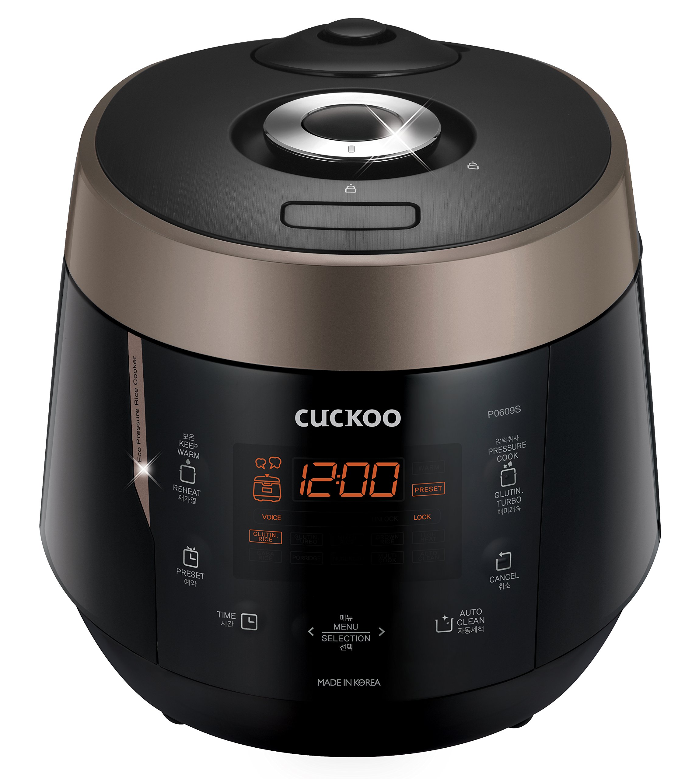 CUCKOO High Pressure Rice Cooker 6-Cup Uncooked / 12-Cup Cooked with Nonstick Inner Pot, Versatile Rice Maker with 12 Menu Options and Steam Plate, Fuzzy Logic Tech, Voice Guide, Black (CRP-P0609S)