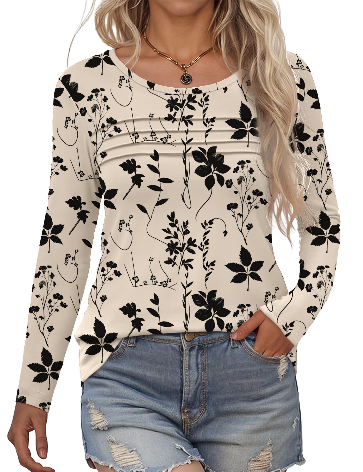 Rapbin Langarmshirt Damen Rundhals Pullover Herbst Winter Falten Sweatshirt Lässig Bluse Elegant Locker Oberteil Blumen Tunika Shirts