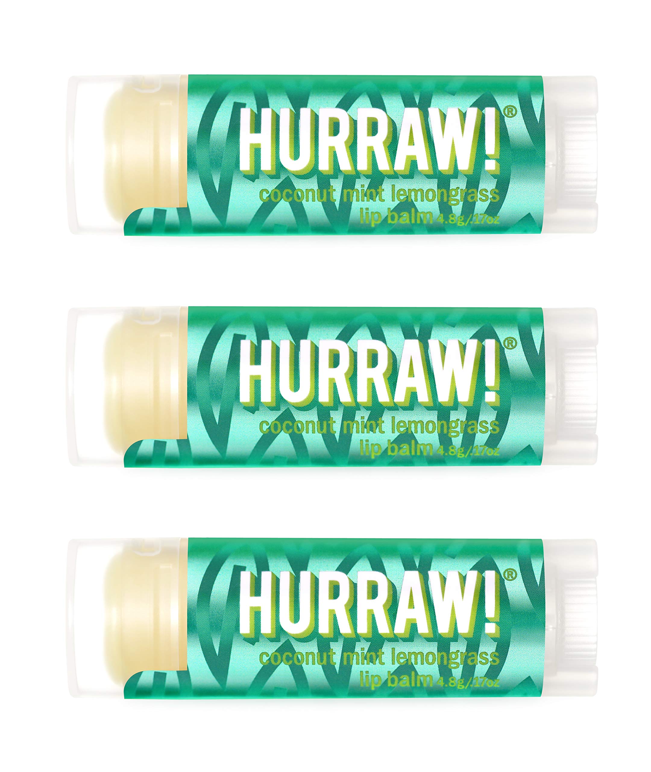 HURRAW!Coconut, Mint, Lemongrass (Pitta) Lip Balm, 3 Pack: Organic, Certified Vegan, Cruelty and Gluten Free. Non-GMO, 100% Natural Ingredients. Bee, Shea, Soy and Palm Free. Made in USA