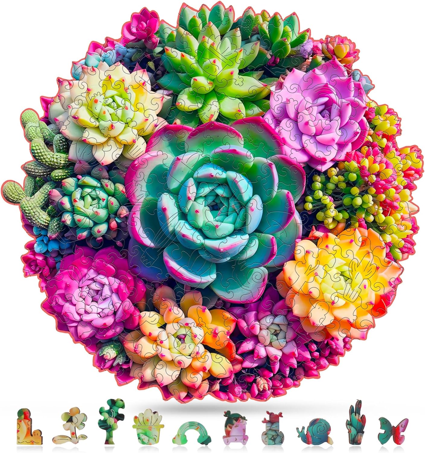 Wooden Puzzles for Adults, Unique Shaped Wood Puzzle, Mandala Succulent Puzzles, Plant Jigsaw Puzzle, Family Games for Kids and Adults, 300 Piece 15.35" x 14.76"