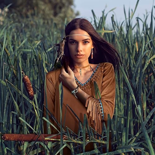 Miniatura 5 de Foaincore Juego de 5 piezas de disfraz indio nativo de doncella americana, suministros de disfraz de princesa nativa para Halloween