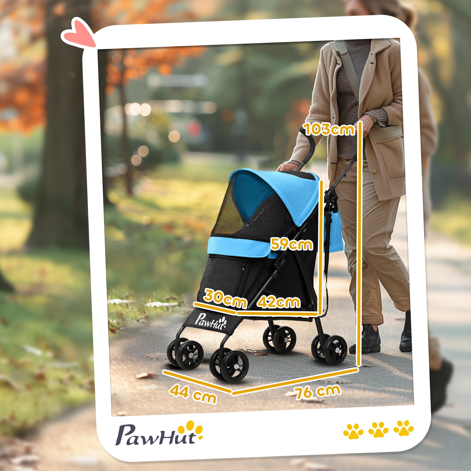 PawHut Cochecito para Perros Pequeños con Estructura de Paraguas Carrito para Perros Plegable con Cojín Lavable Portavaso Ventanas de Malla y Bolsa de Almacenamiento 76x44x103 cm Azul