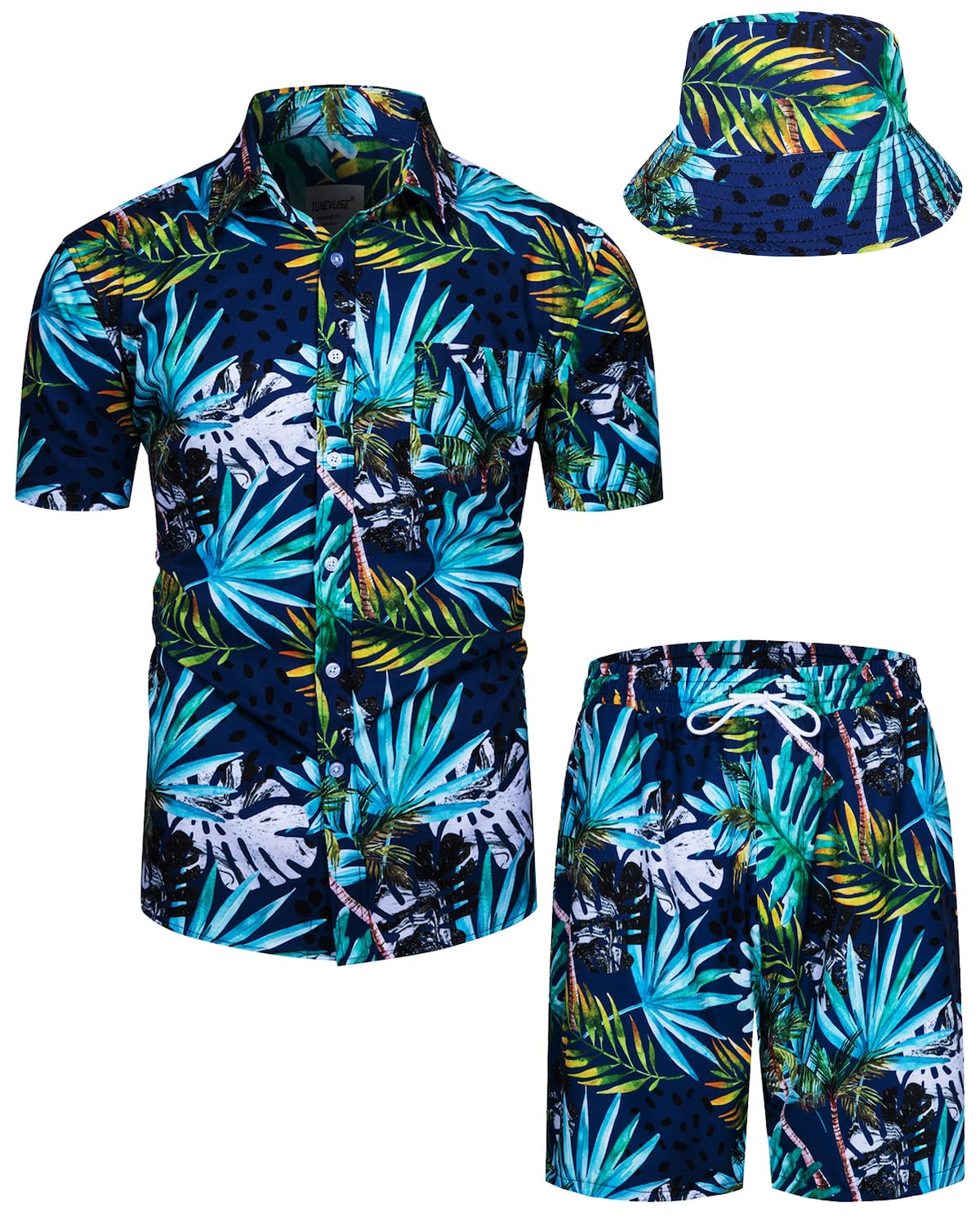 TUNEVUSE Mens Hawaiian Shirts and Shorts Set 2 Pieces Beach Outfits Flower Print Summer Tropical Suit with Bucket Hats