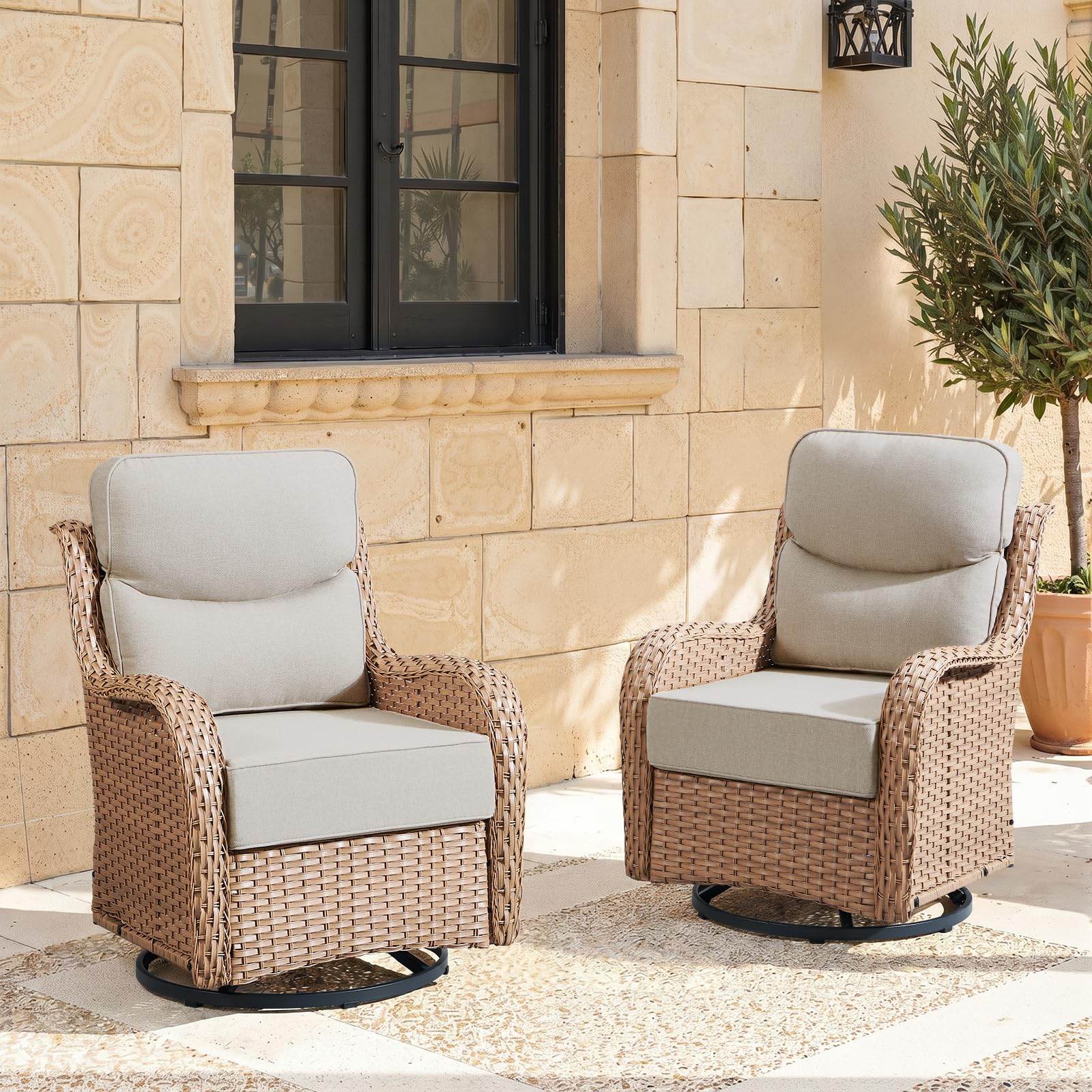 Swivel Patio Chairs Set of 2, Yellow Wicker, Beige Cushions