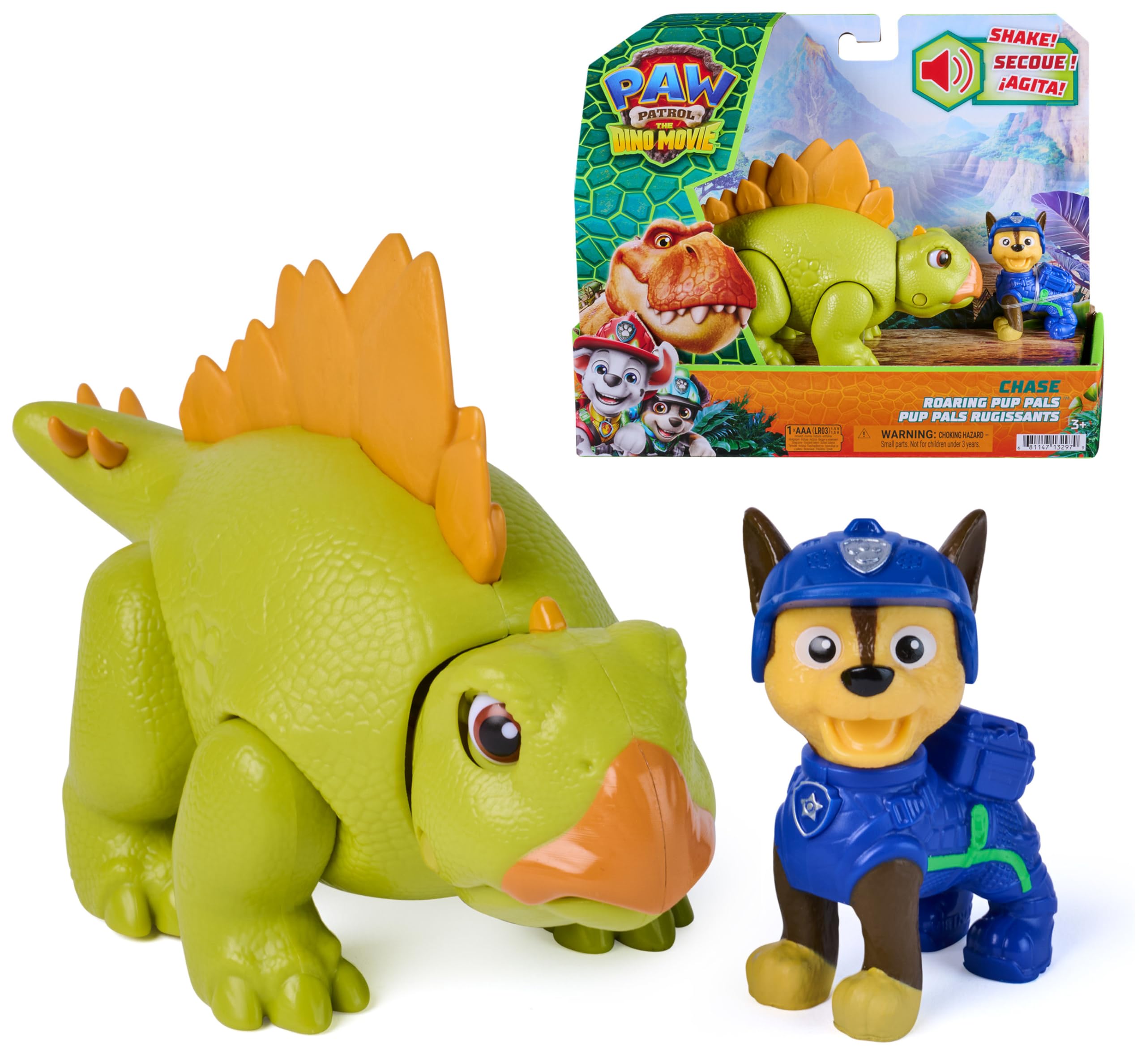 Paw Patrol: The Dino Movie, Chase Roaring Pup Pals, Includes Articulated 10,1 cm Stegosaurus Dinosaur Toy with Activated Sounds and Chase Action Figure, Nursery Toys for Boys and Girls Ages 3+
