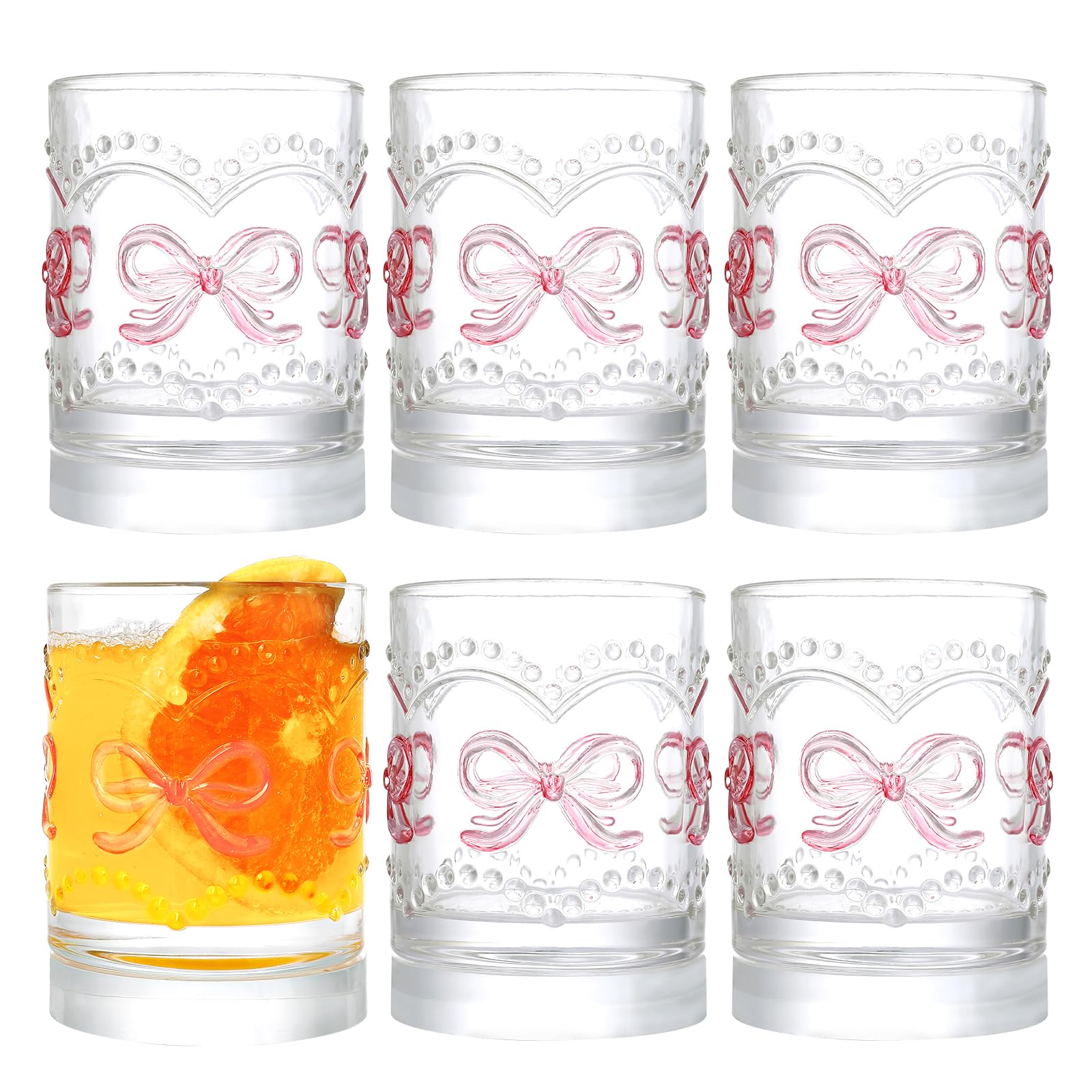 11OZ Ribbed Glass Coffee Cups Set of 6, Vintage French-Style Glasses with Delicate Pink Bow and Dot Relief, Elegant and Durable Glassware for Hot and Cold Beverages, Thick-Bottomed and Dishwasher Safe