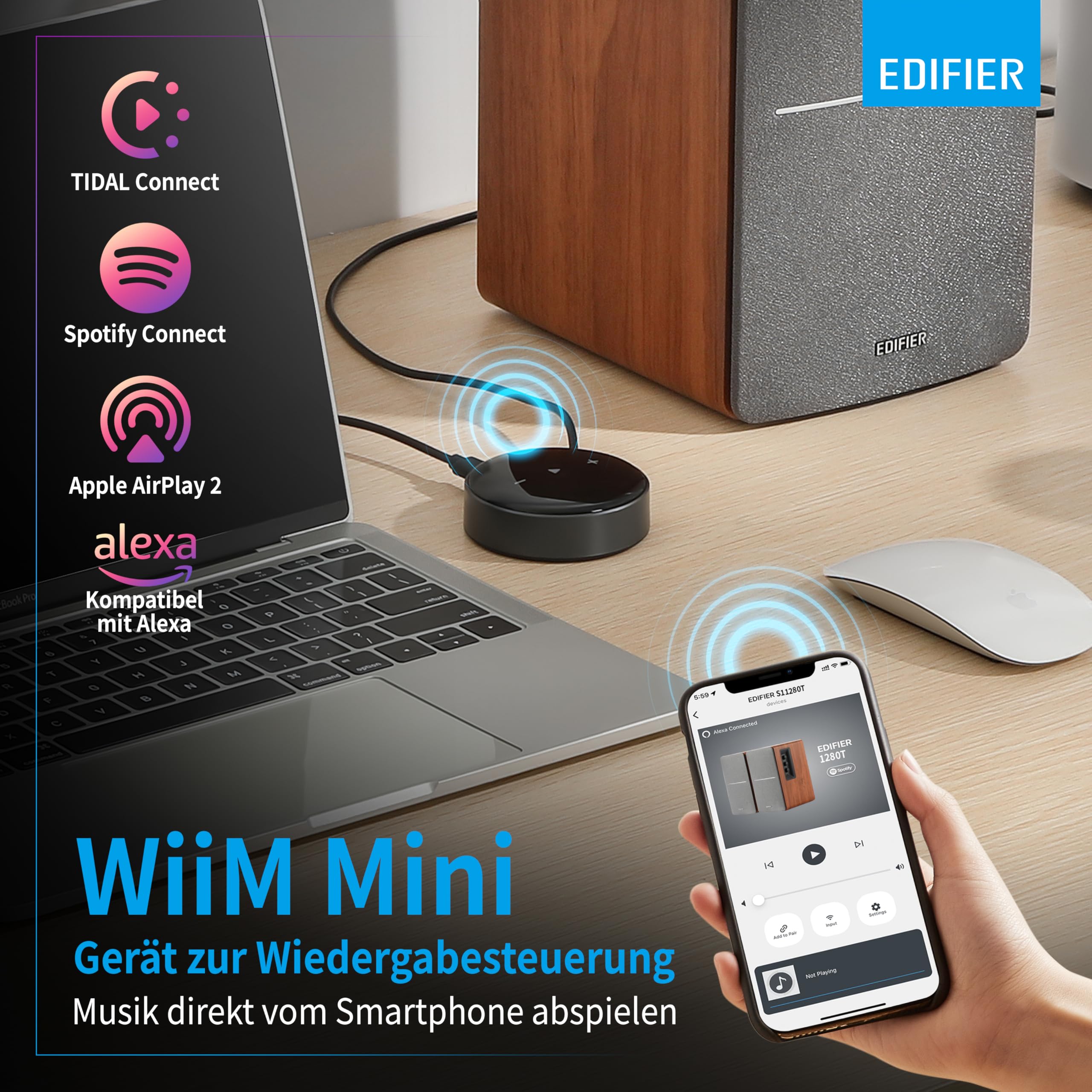 EDIFIER R1280T aktywny głośnik w zestawie z WiiM Mini – idealne połączenie multiroom, AirPlay 2, Alexa, Siri, Hi-Res Audio Streaming firmy Spotify, Amazon Music itp.