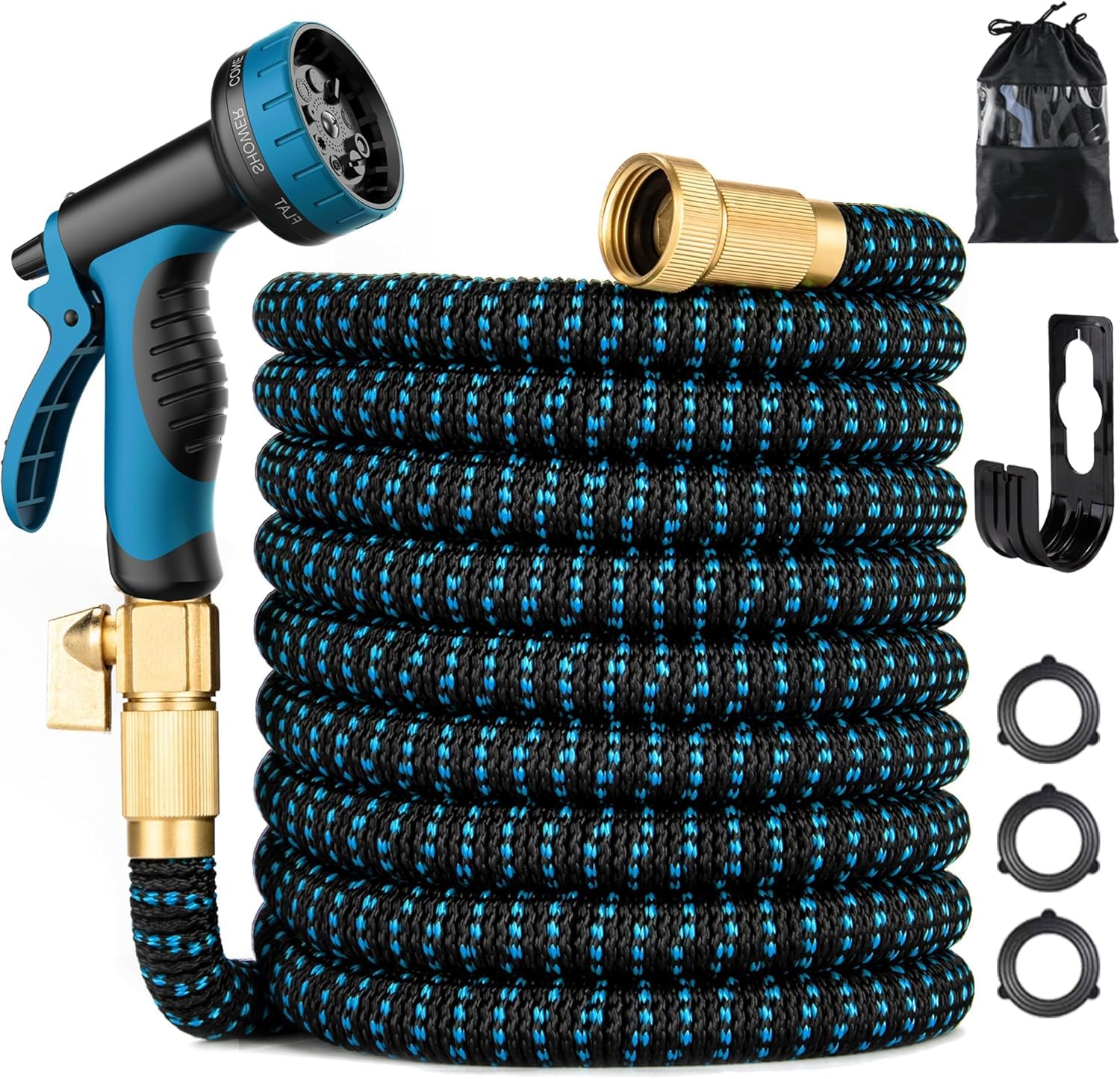 50 ft Expandable Garden Hose - Kink Free Flexible Water Hose 50ft with 10 Pattern Spray Nozzle, 3/4 Solid Brass Connectors, Retractable Latex Core - Lightweight Expanding Hose