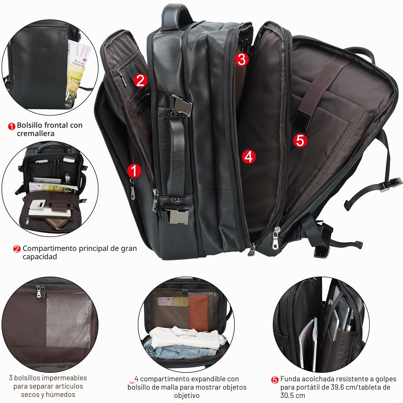 TIDING Mochila de Viaje para Hombre de Cuero Genuino con Compartimento para Portatil 15.6 Pulgadas Gran Capacidad Ampliable 36L Profesional para Negocios y Oficina
