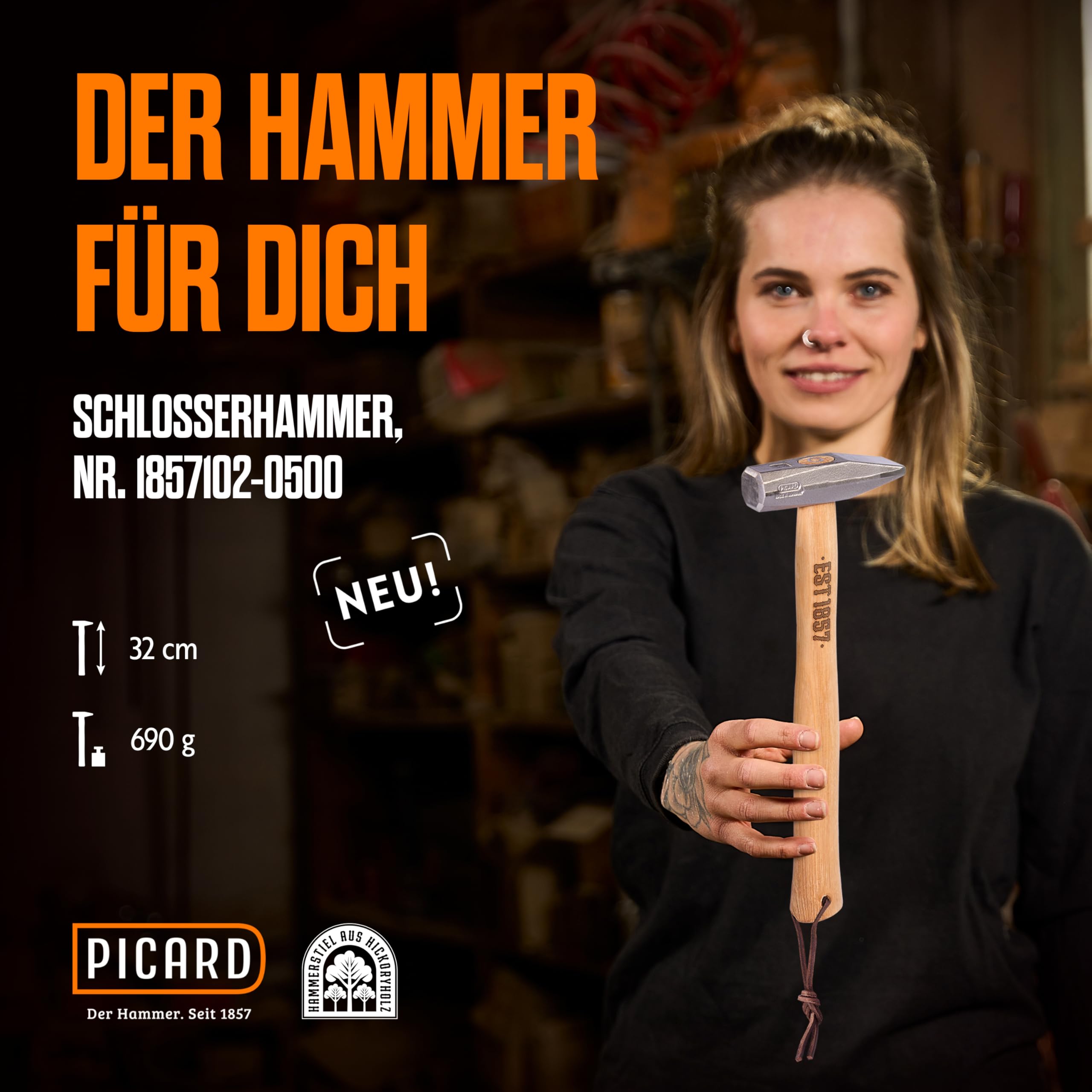 PICARD Marteau de serrurier EST.1857 500 g | Le marteau pour vous | Marteau forgé avec manche en hickory ciré | Piste et aileron précis | Marteau de serrurier artisanal 500 g