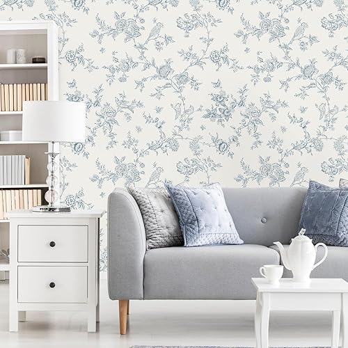 Miniatura 3 de VEELIKE Vintage Blue Toile Wallpaper Peel and Stick Boho Cottage Birds Floral Wallpaper for Bedroom Bathroom 17.7''x118'' Self Adhesive Removable
