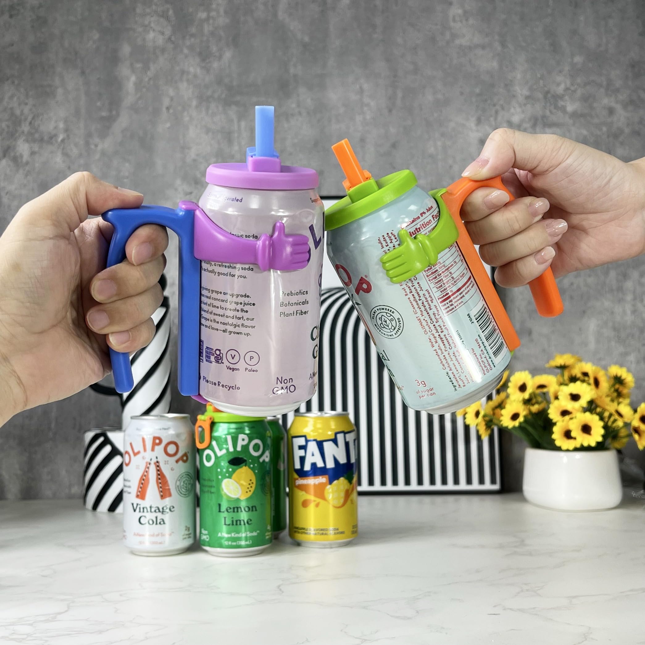 DIPESI Soda Can Lids and Holders for 12oz Cans – 2 Can Covers with Straw + 2 Can Holder with Handle – for Soda, Beer, Pop – Easy to Hold, Leak-Free