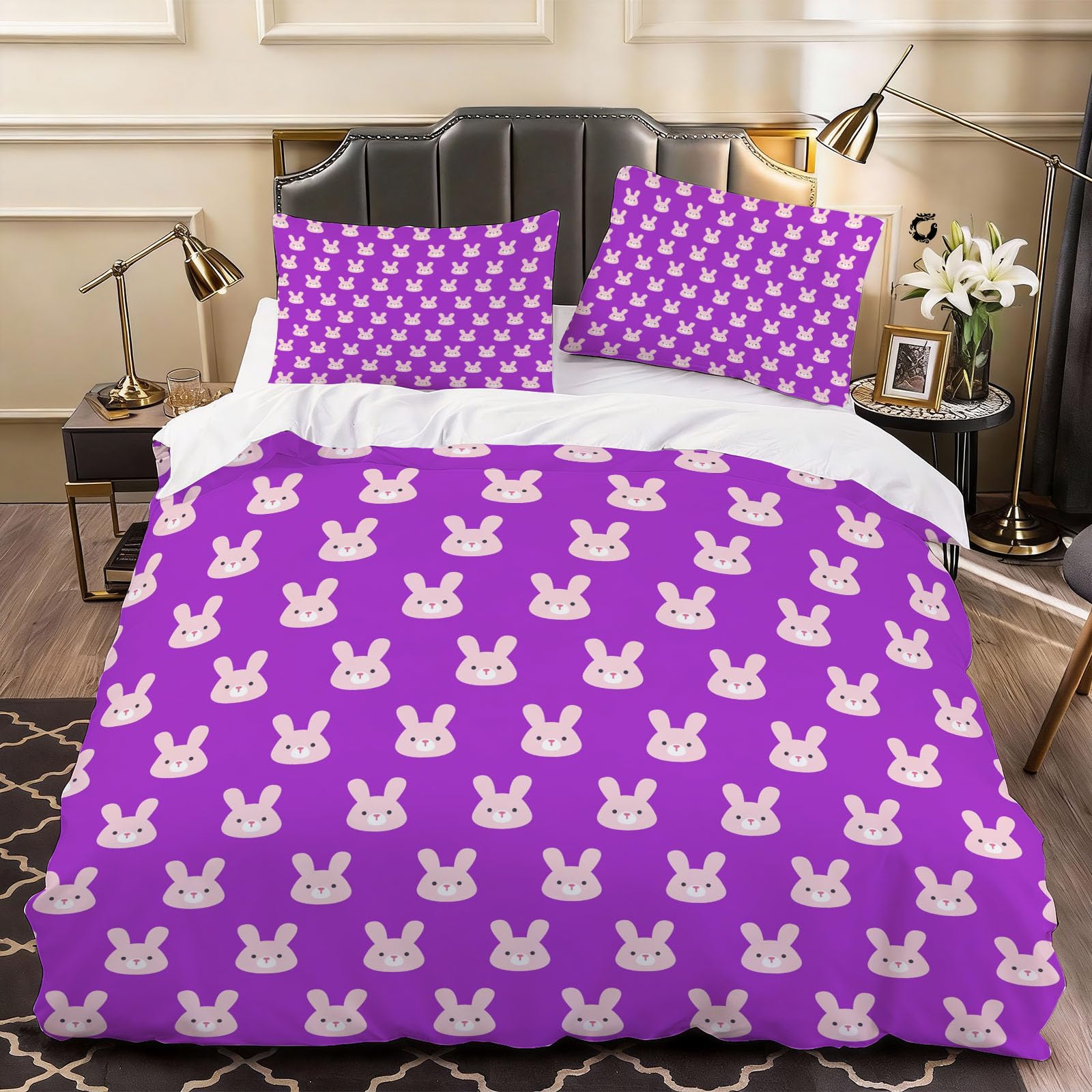 3D Snowy Rabbit Duvet Cover Cartoon Bedding Double Bed Set, Soft Microfiber Comforter Cover Printed with Zipper Closure Quilt Coverr 200x200 cm and 2 Pillowcases