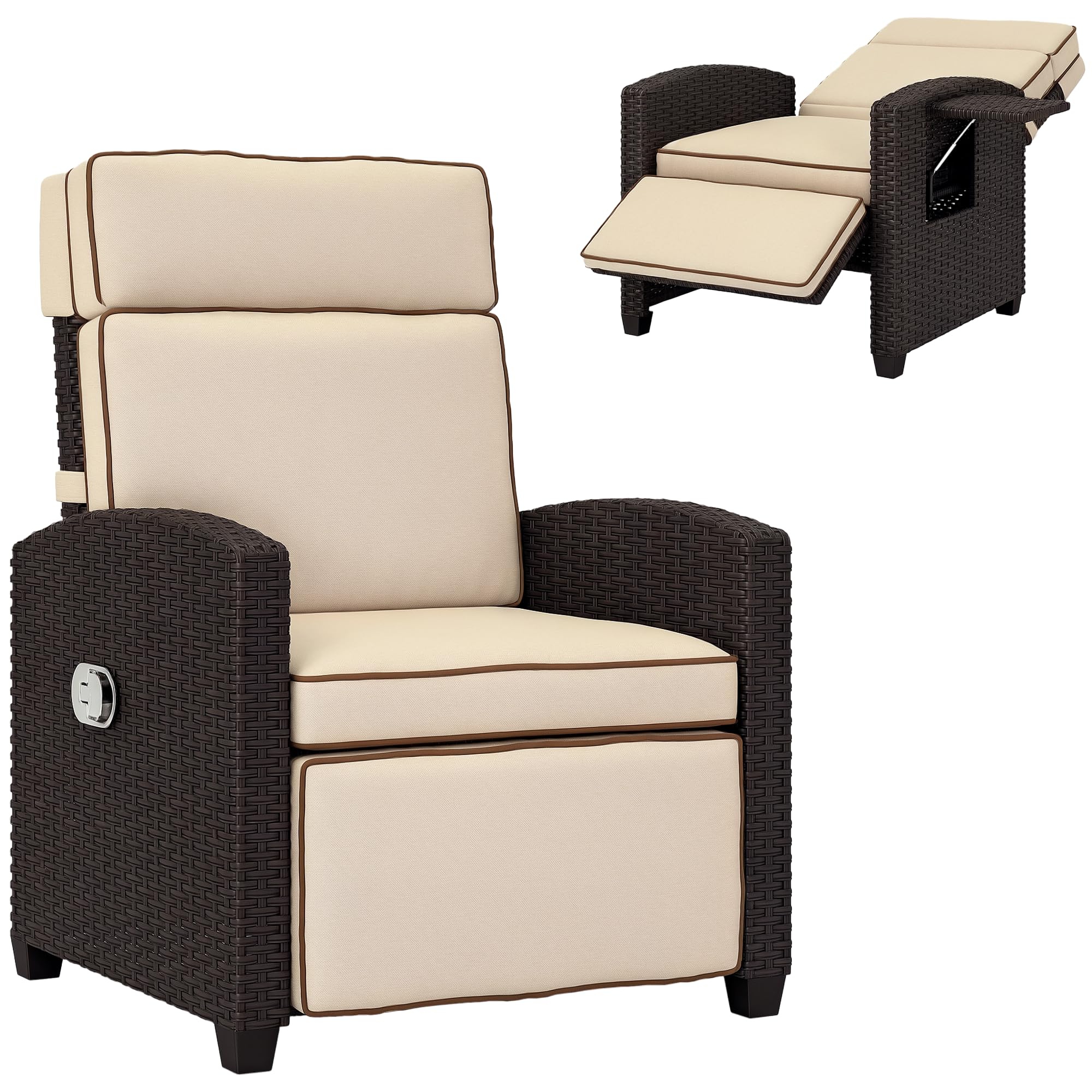 Outsunny Dark Brown Rattan Garden Recliner Sun Lounger with Flip Table - Padded Cushion & Adjustable Back