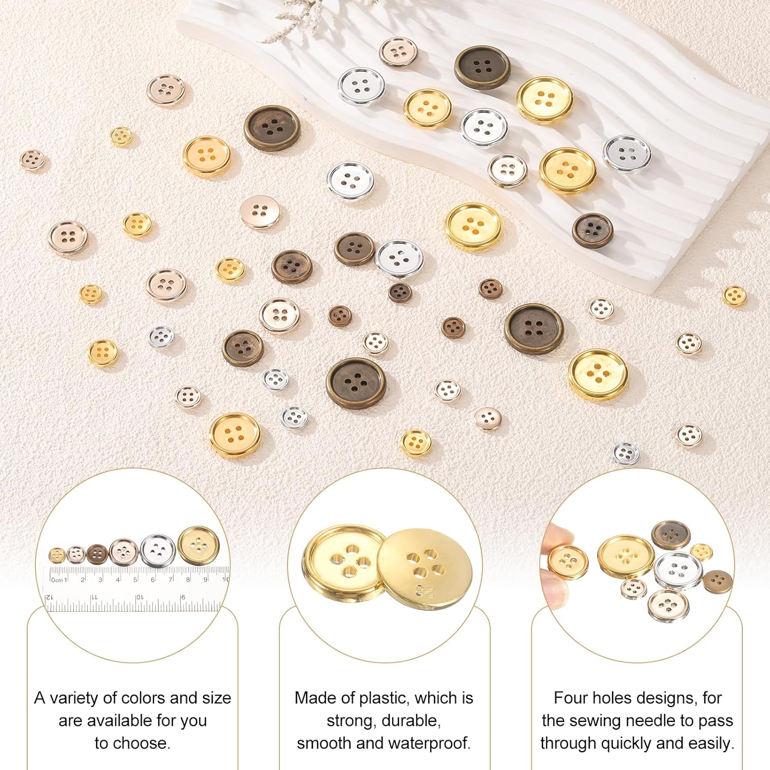 HARFINGTON 50pcs 16L Plastic Sewing Buttons 10mm 3/8" 4-Hole Round Replacement Craft Button for Coats Sewing Clothing and DIY, Silver - Image 4