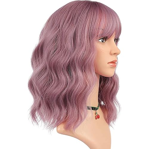 eNilecor Purple Wig Short Colorful Curly Curly Wavy Bob Wigs with Air Bangs 14" Natural Synthetic Wigs for Women (Taro Purple)