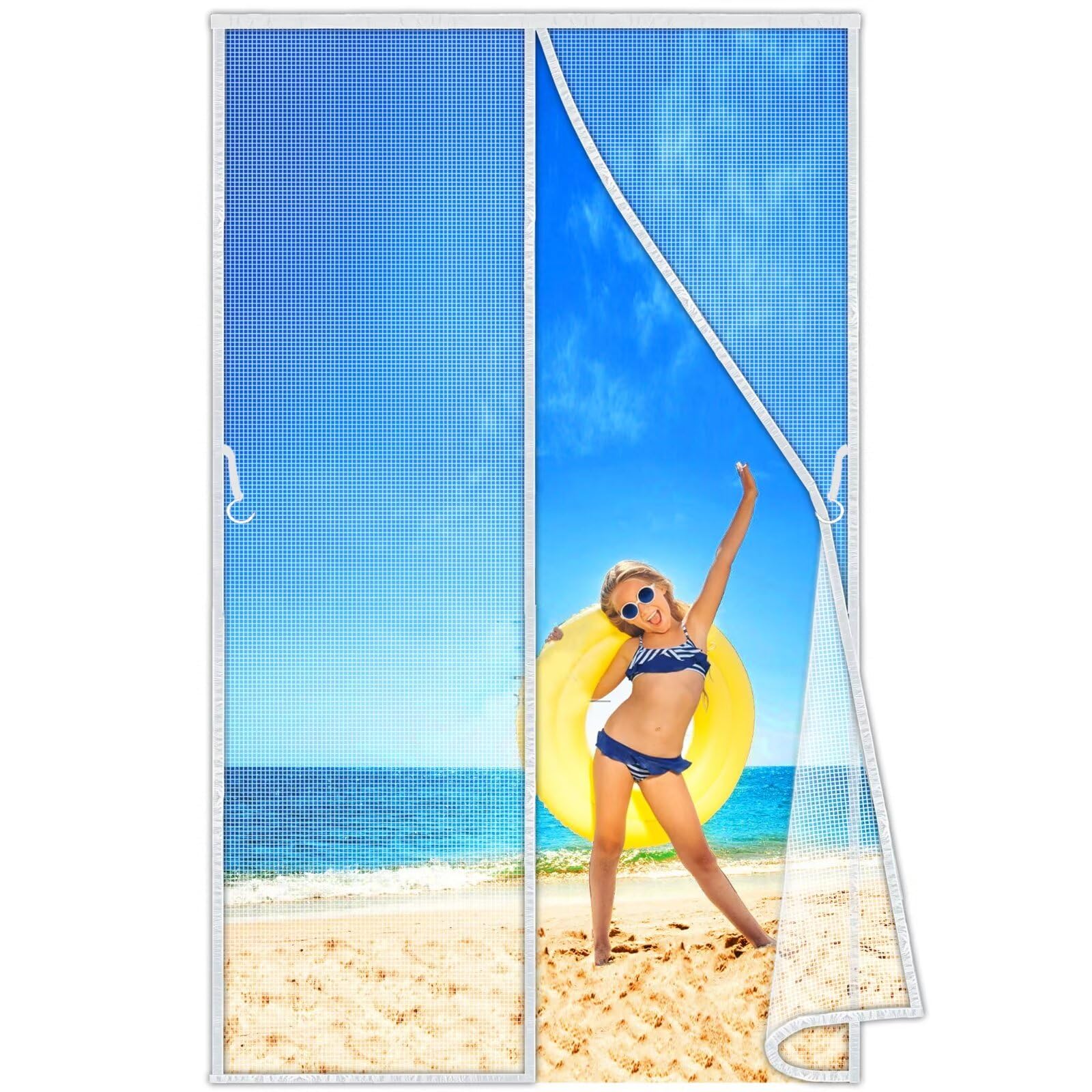 Aimantée Anti Moustique 195 X 115 Cm, Moustiquaire Porte Sans Percer Pour Couloirs, Laisse Passer L'Air Frais Pour La Plupart Les Types De FenêTres Ou Porte, Blanc