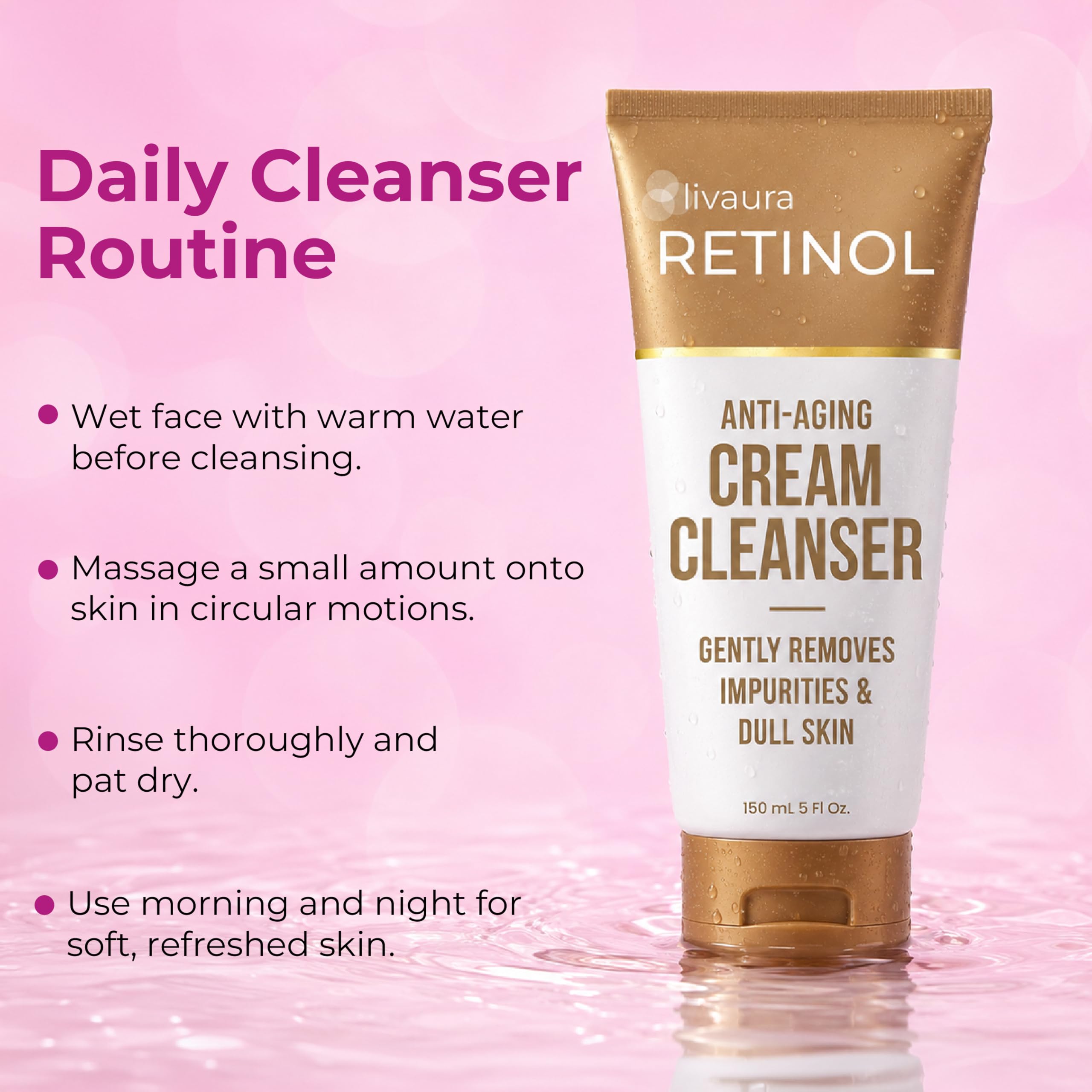 LIVAURA Retinol Creme-Reiniger Anti-Aging – 5 oz – Tägliches tiefenreinigendes Gesichtswaschgel verbessert Hauttextur & peelt für weicheres Gesicht – Vitamin A minimiert Falten & feine Linien