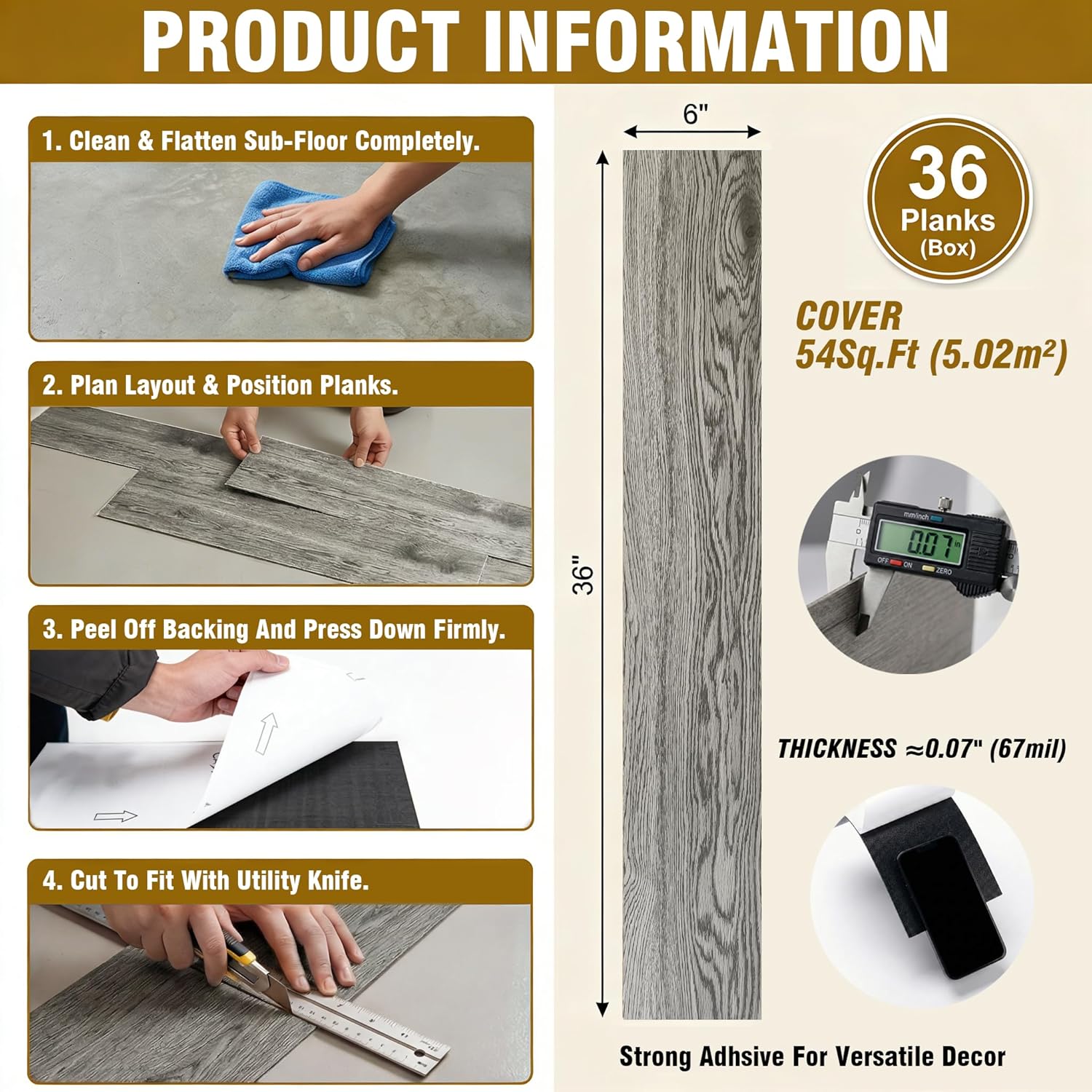 Waterproof Peel and Stick Floor Tile, 54 Sq.Ft Ash Grey Vinyl Wood Flooring, Easy DIY-Install & Durable for Kitchen, Bedroom, Bathroom, RVs, Rental-Friendly (36-Planks 6"x36")