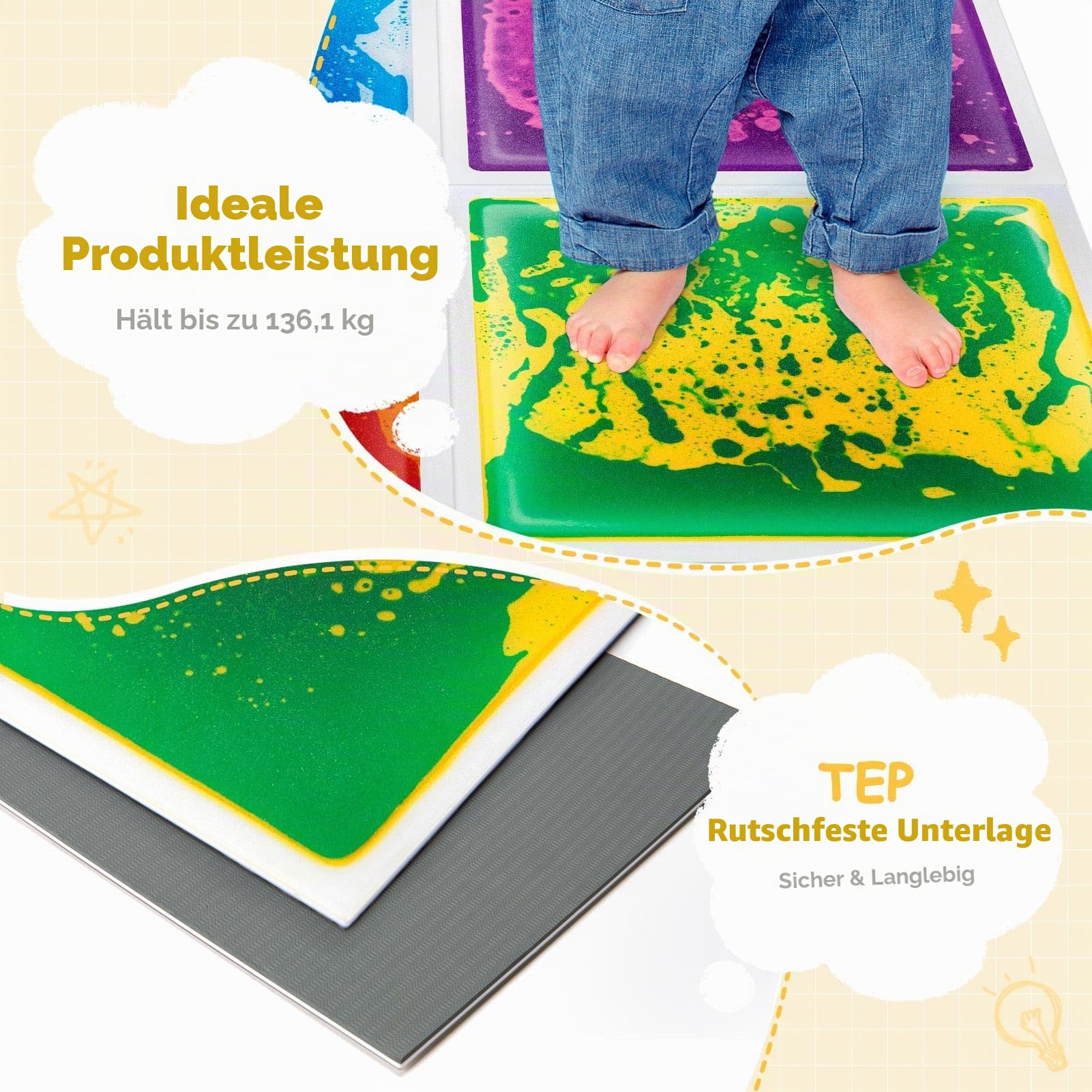Art3d Flüssige Sensorische Bodenfliesen 30 x 30 cm Spielzimmer Tanzfläche Quadratisch Bunt 6 Fliesen