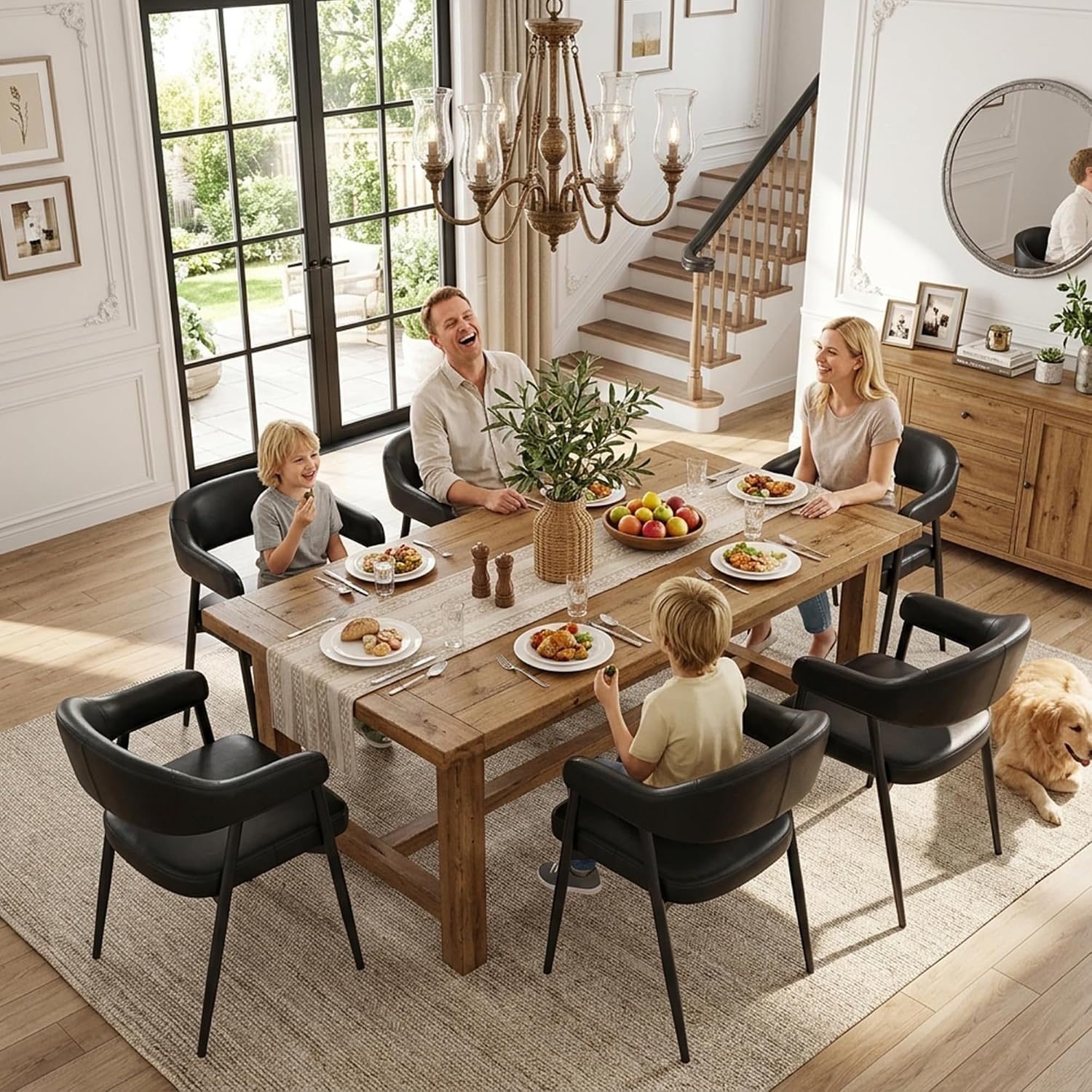 HNY Modern Dining Room Arm Chairs Set of 4, Retro Faux Leather Upholstered Barrel Dining Chairs with Arms Mid-Century Black Accent Chair with Metal Legs, Open-Back Kitchen Side Chair for Living Room