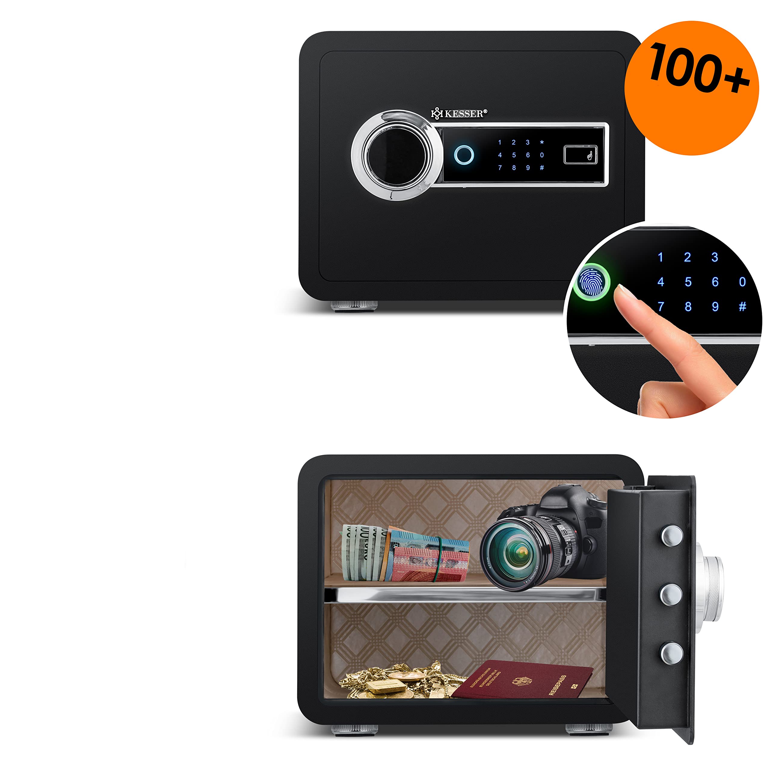 KESSER® Coffre-fort électrique avec lecteur d'empreinte digitale | Boîtier de piles inclus | Coffre-fort électronique | Triple verrouillage à double boulon | Coffre-fort mural ou à poser au sol, M