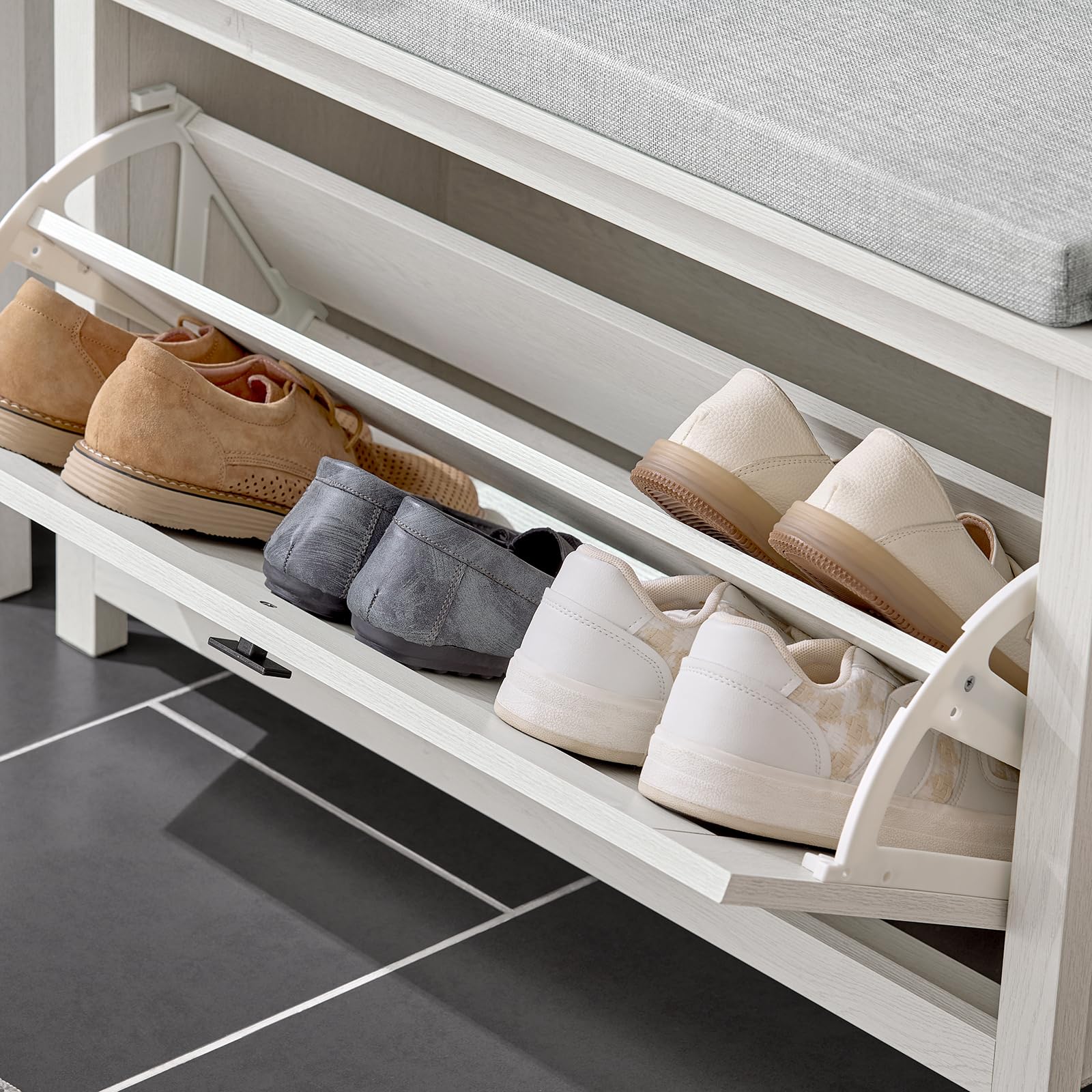 SoBuy Panca scarpiera con anta e ripiani 80x29x50cm per ingresso | Cassapanca contenitore con seduta, anta laterale e 2 ripiani regolabili, MDF/PB, carico 150kg, bianco FSR161-W