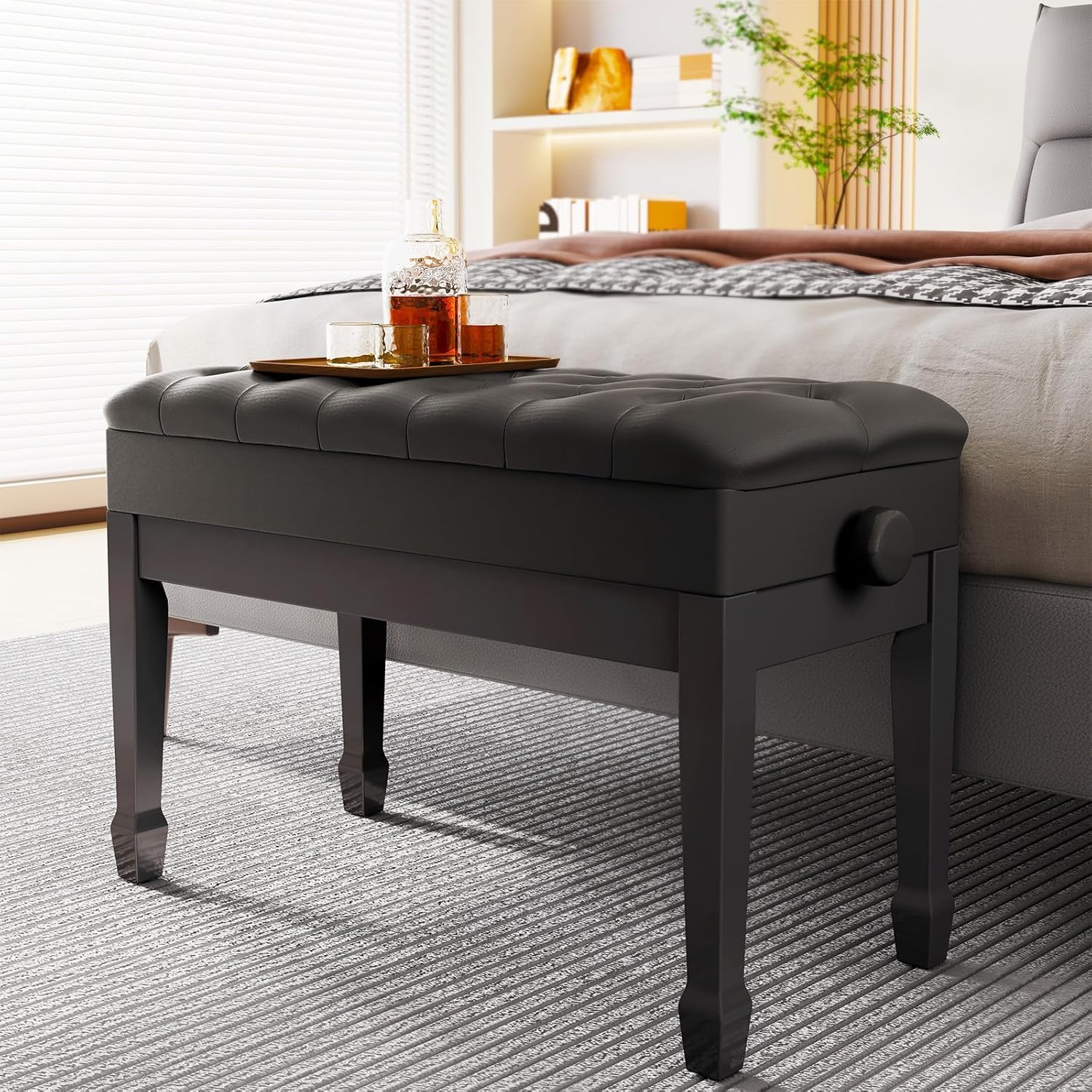 LIFERUN Doppelte Klavierbank, Lange Klavierstuhl höhenverstellbar 72 x 34 x 50 cm, Pianobank aus Verdickte PU Leder mit Stauraum, Robuste Klavierhocker aus massivem Holz mit gebogenen Beinen, Schwarz