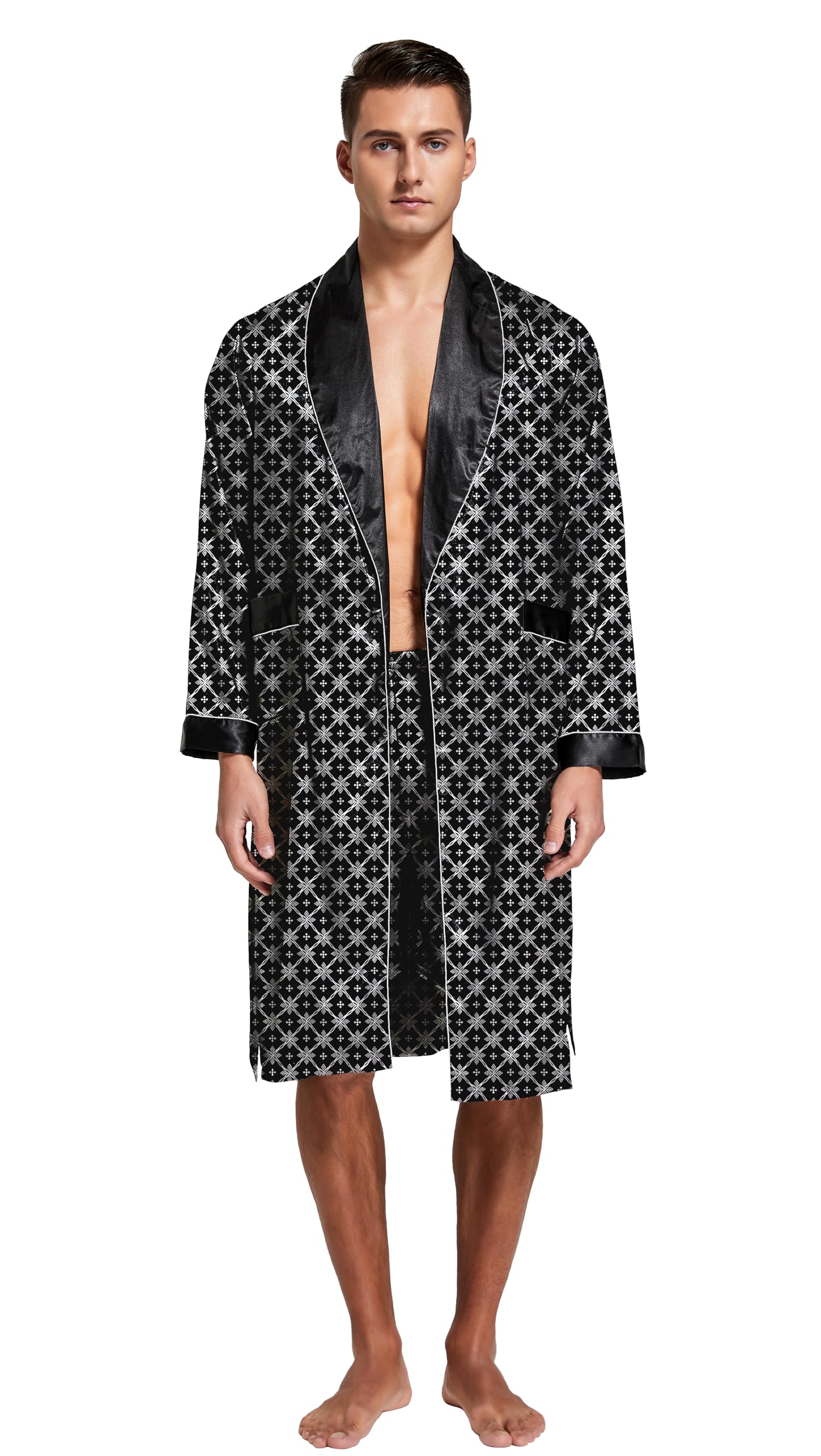 Mens Satin Robe Long Sleeve Silk Kimono Bathrobe with Shorts Set Sleepwear
