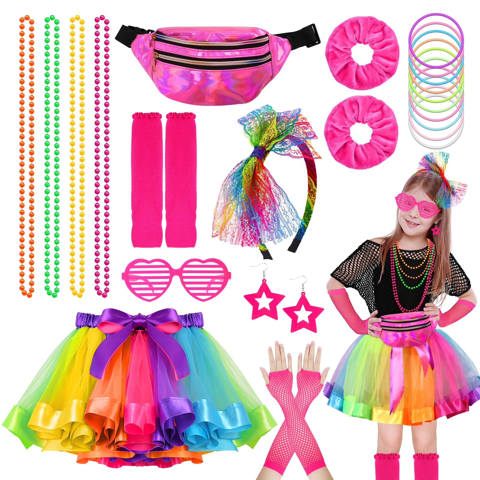 80s Costume Accessories Set for Girls, 1980s Fancy Dress Outfit with Tutu Skirt Waist Bag Fishnet Gloves Leg Warmers Earrings Headband Bracelets Necklaces for Halloween Neon Party Cosplay-Rainbow