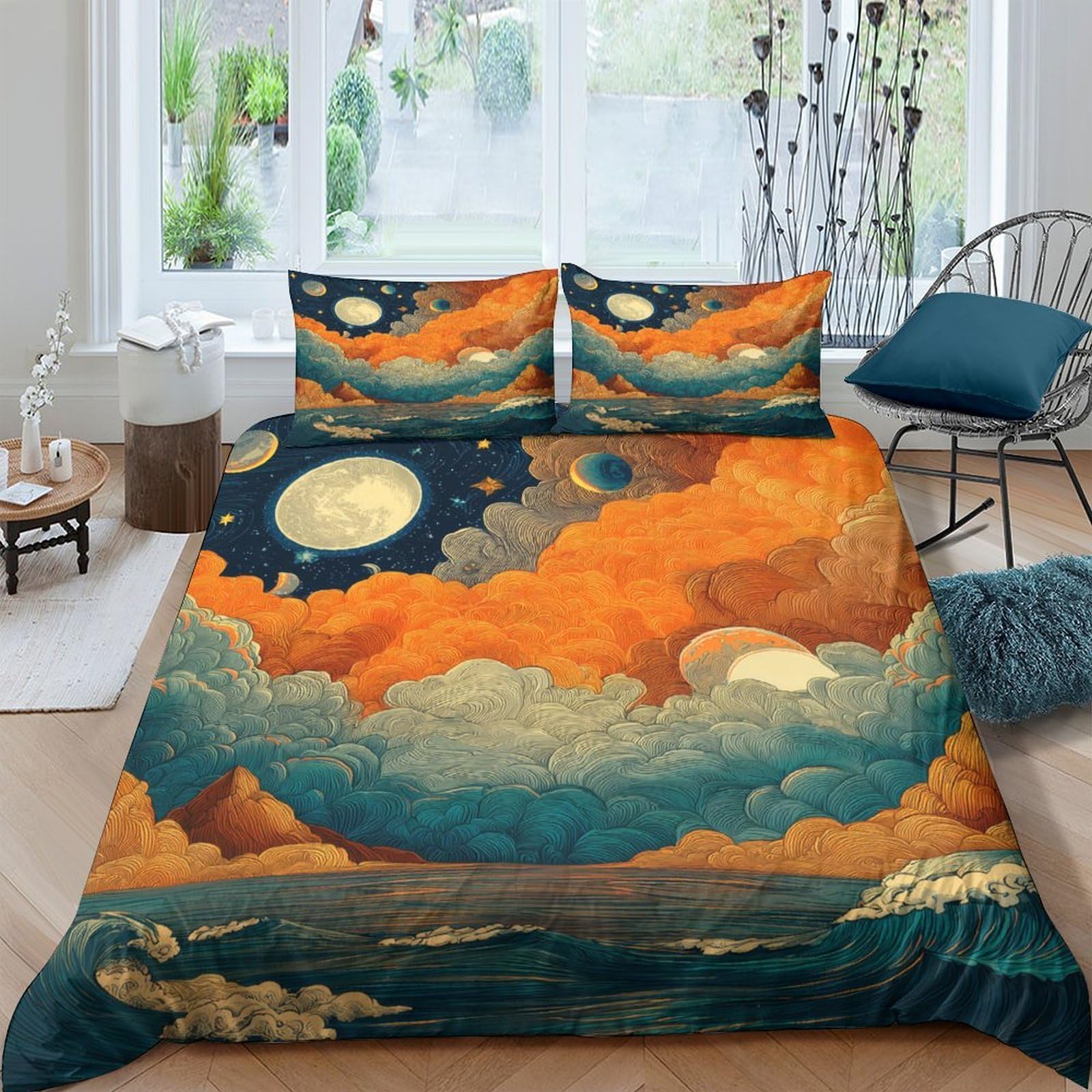 GPLZQXKJNH 3D Printed Moon Clouds Duvet Cover Set Microfiber Soft Breathable Sunset Sky Bedding Set with 2 Pillowcases for Bedroom Decor Single（135x200cm）