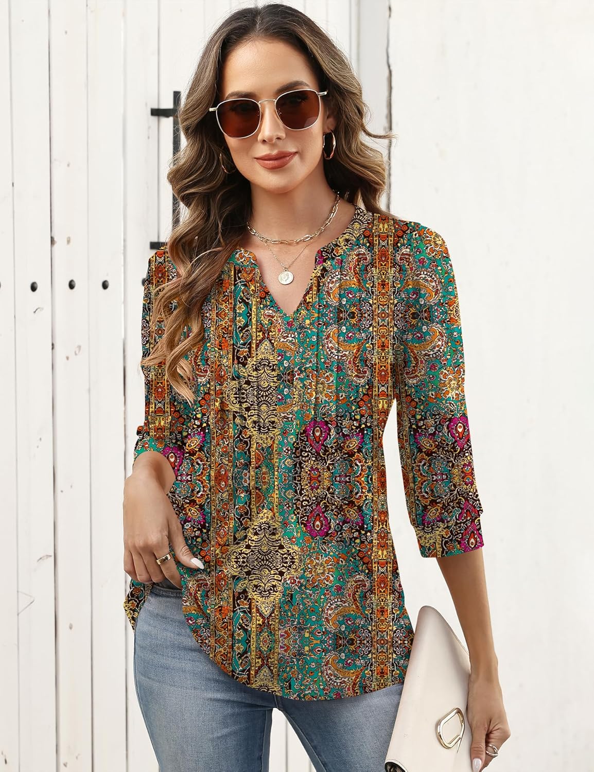 LOMON 3/4 Length Sleeve Womens Tops Pleated Puff Sleeve V Neck Work Blouses for Women Dressy Casual Spring Summer Clothes