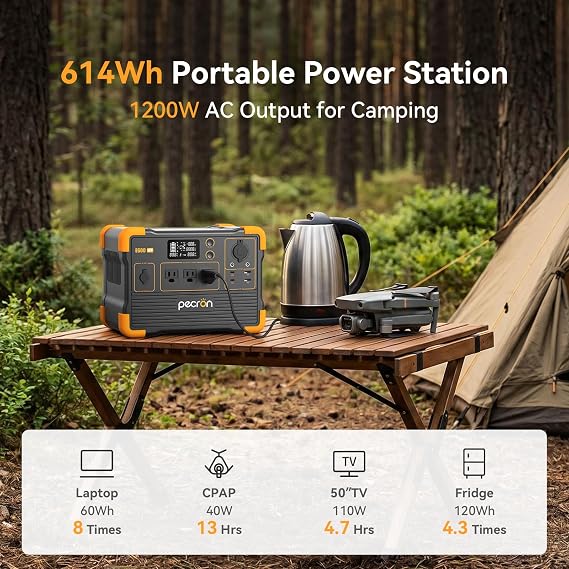 PECRON 614Wh Portable Solar Generator with AC Charger, 1200W AC Output, Power Station, LiFePO4 Battery for Camping, RV Trip (No UPS and APP Control)