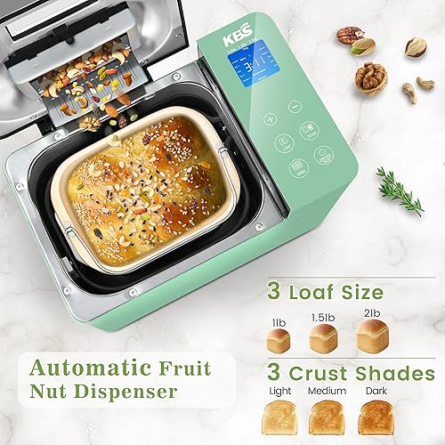 Miniatura 5 de KBS Máquina de pan de convección de 710 W, calentadores duales, máquina de pan de 2.2 libras con sartén de cerámica saludable y dispensador