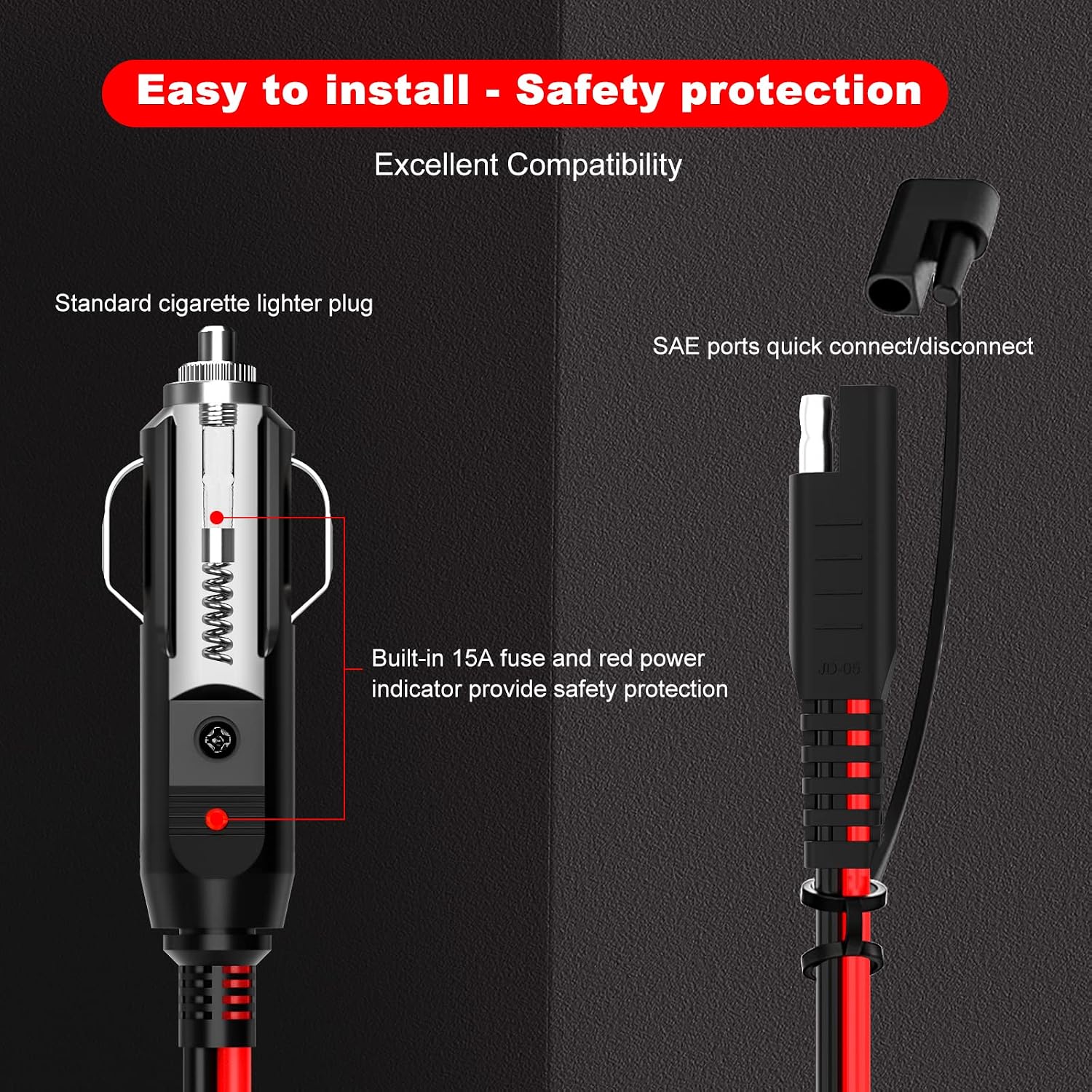 Extractme 10FT Cigarette Lighter SAE Battery Charger Cable, 14AWG 12V Cigarette Lighter Plug to SAE Quick Release Adapter Extension Charging Cable with Fuse and LED Light