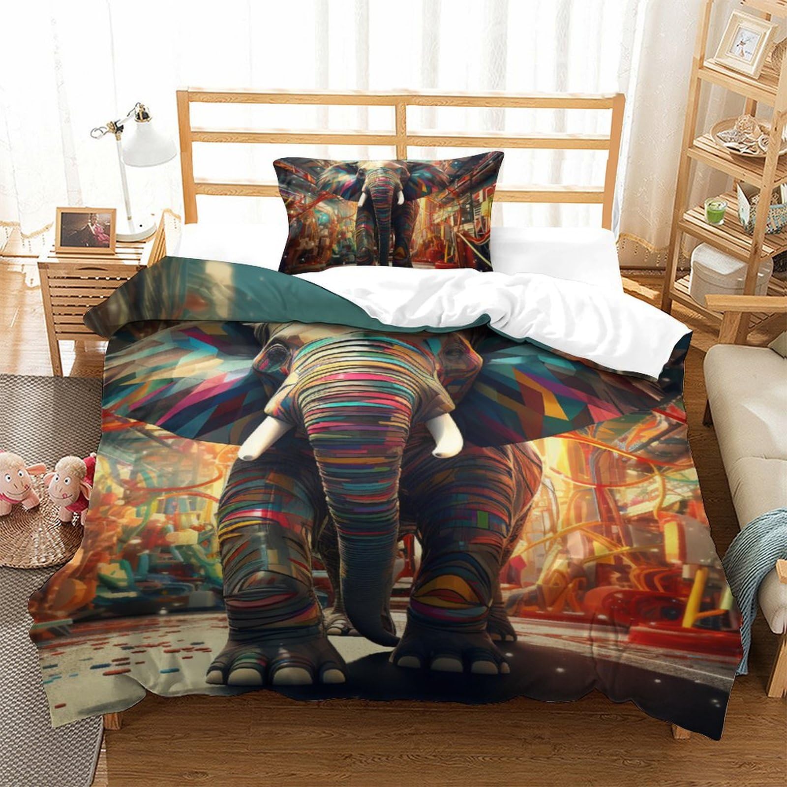 Housse de couette éléphants literie 3D enfant fille ado parure de lit 135x200 avec fermeture éclair