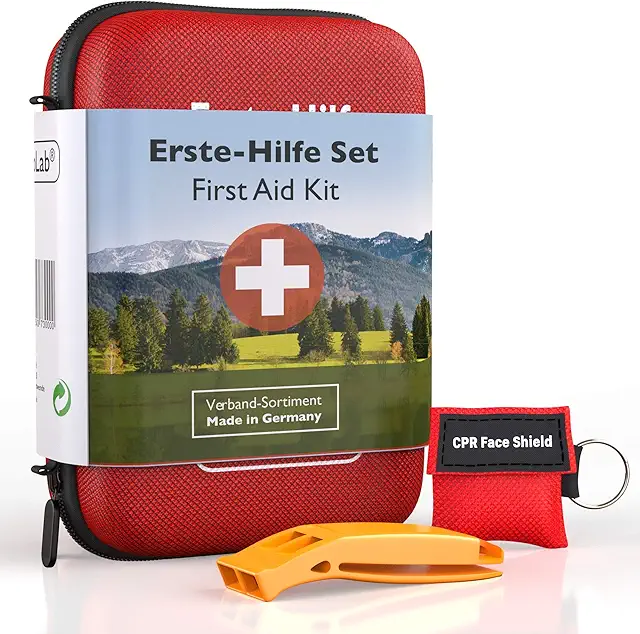 Outdoor Survival First Aid Kit with Mask & Whistle - DIN 13167 German Made