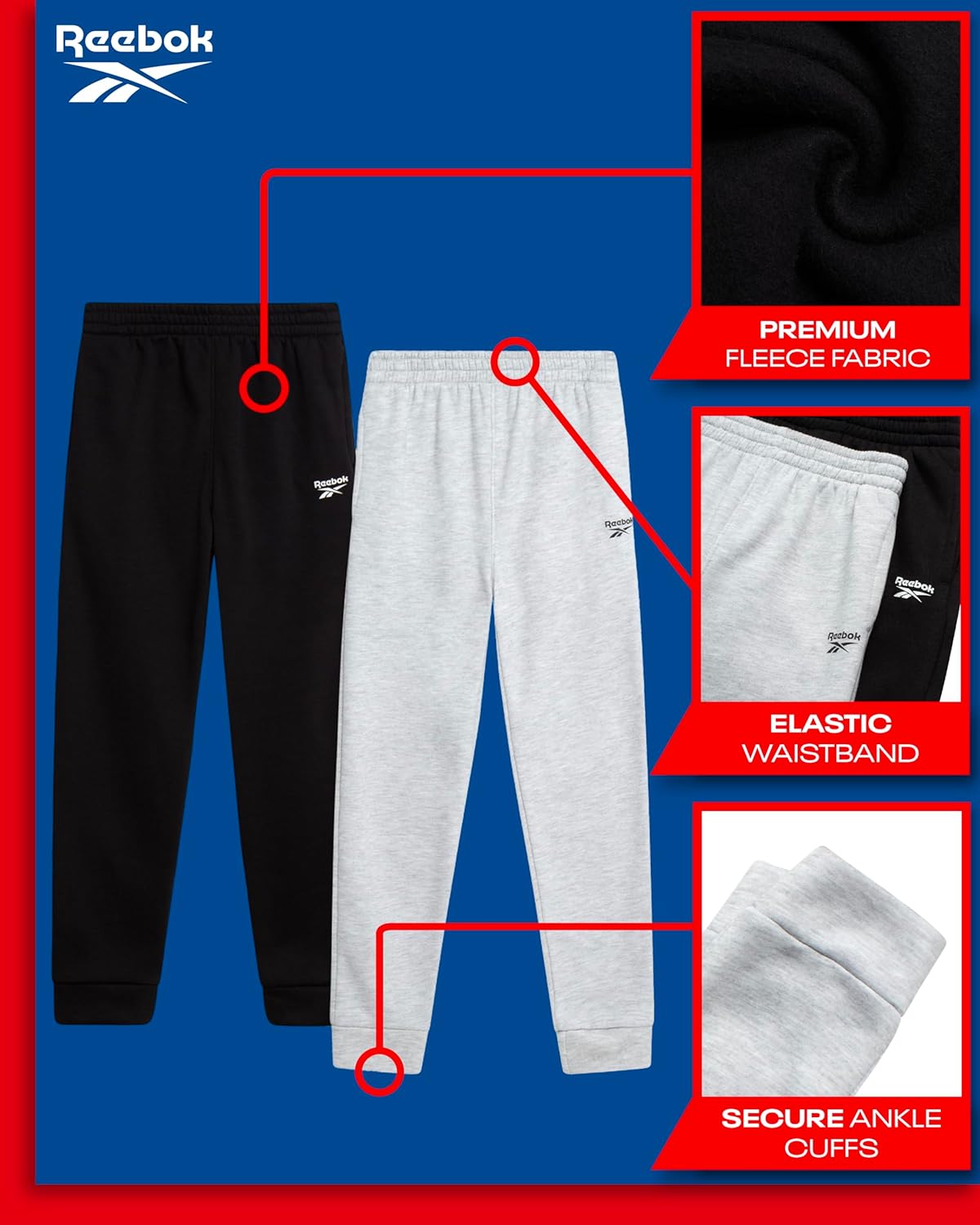 Reebok Boys Sweatpants - 2 Pack Performance Fleece Boys Joggers Athletic Pants with Elastic Waistband for Toddlers and Kids - Image 2
