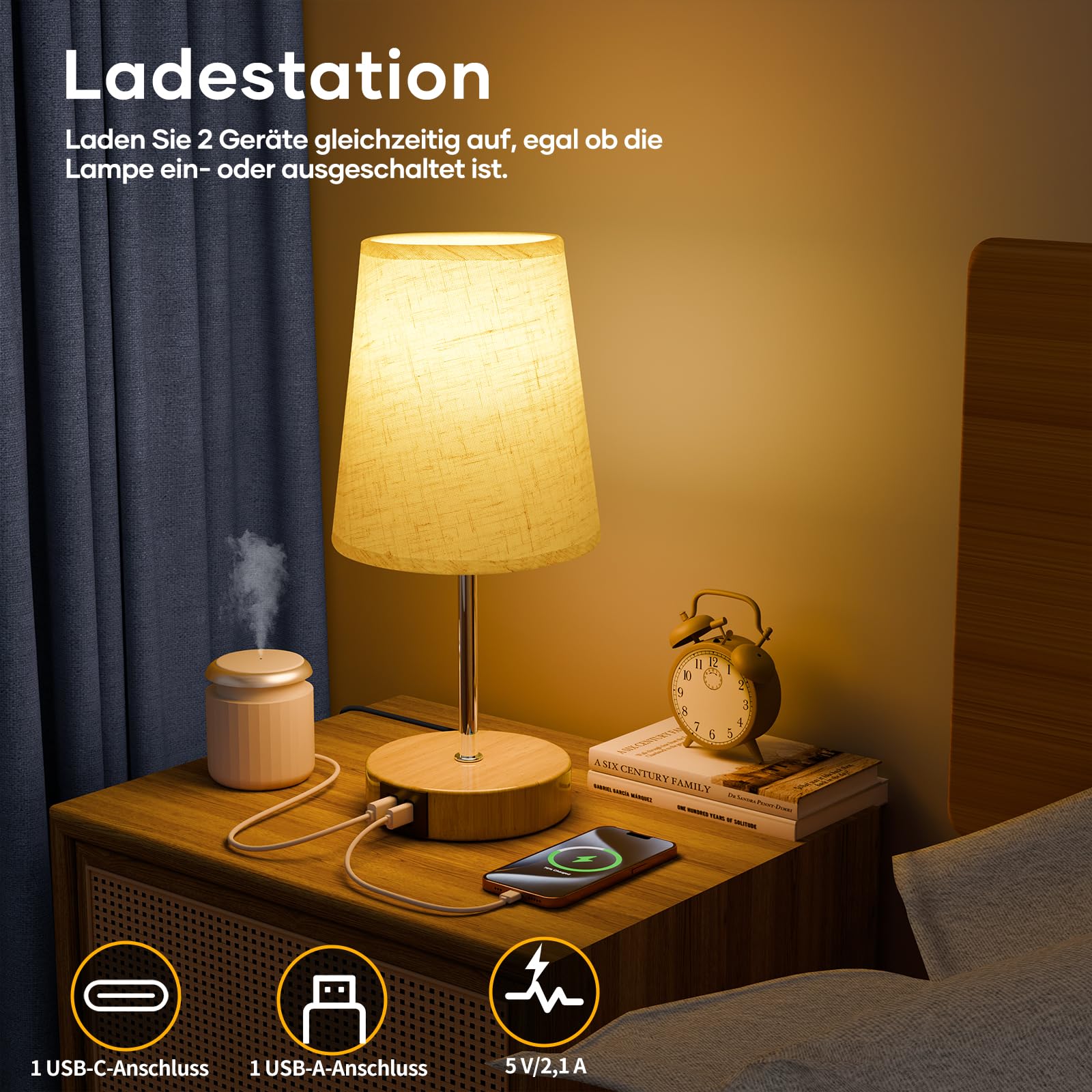 Suright Nachttischlampe Touch Dimmbar, Tischlampe mit USB A+C Ladeanschlüssen, Leinen-Lampenschirm, Holzsockel, Kleine Lampe für Nachttisch Schlafzimmer Wohnzimmer Gästezimmer (LED-Birne Inklusive)