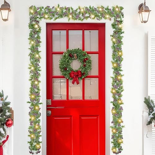 Miniatura 7 de Guirnalda de Navidad con luz, guirnalda de hojas de acebo con bayas rojas nevadas iluminadas para chimenea interior y exterior, decoración de