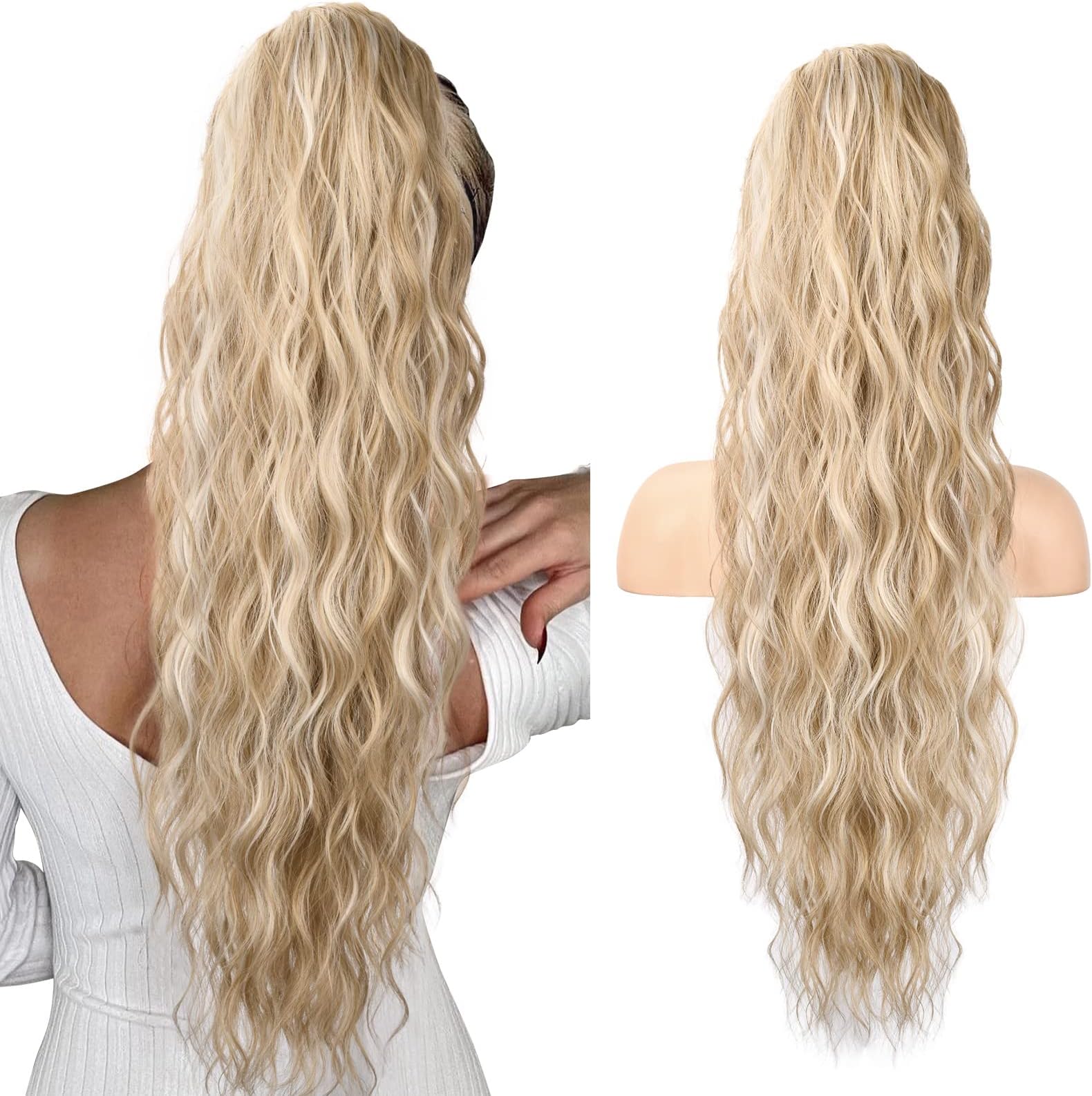 SEIKEA26" Highlight Drawstring Ponytail Extension，PT003 Eva Long Thick Wavy Clip in Hair Extensions Ponytail Natural Soft Synthetic Hairpiece for Women Light Blonde with White Blonde Highlights