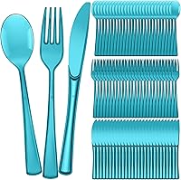 Vista 22 de Minatee Juego de 150 piezas de cubiertos desechables de plástico, juego de cubiertos de acero inoxidable resistente, 50 tenedores, 50 cuchillos, 50