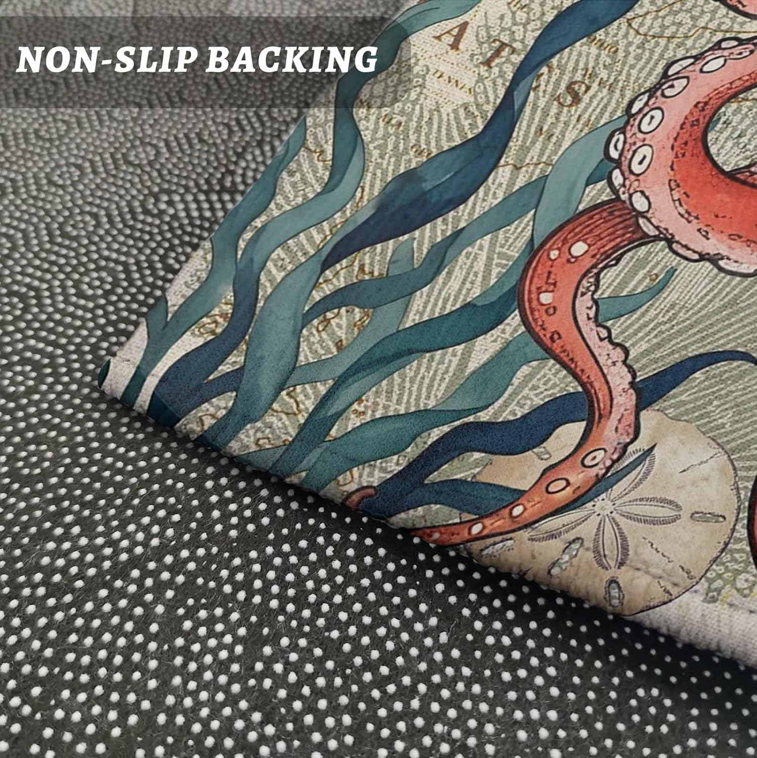 Teamery Kitchen Mats for Floor Red Octopus Ocean Starfish Coral Washable Non Slip Kitchen Rugs 1PCS, Retro Nautical Theme Absorbent Standing Mats for Sink Bathroom Office Living Room 23.6x70.9in